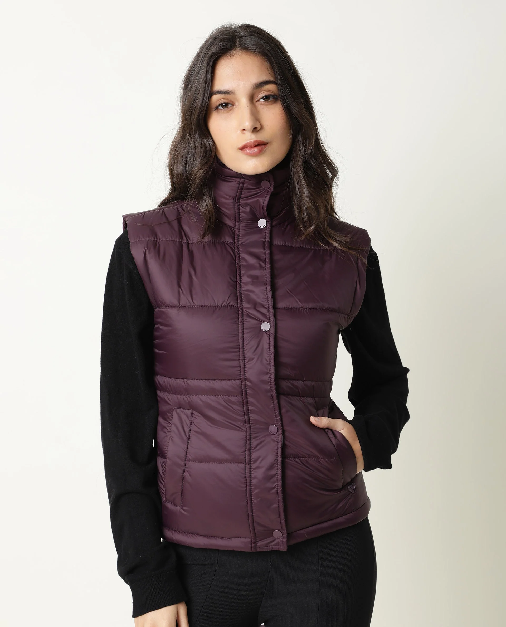 Rareism Women's Ziazan Maroon Polyester High Neck Plain Sleeveless Regular Fit Jacket - Image 9