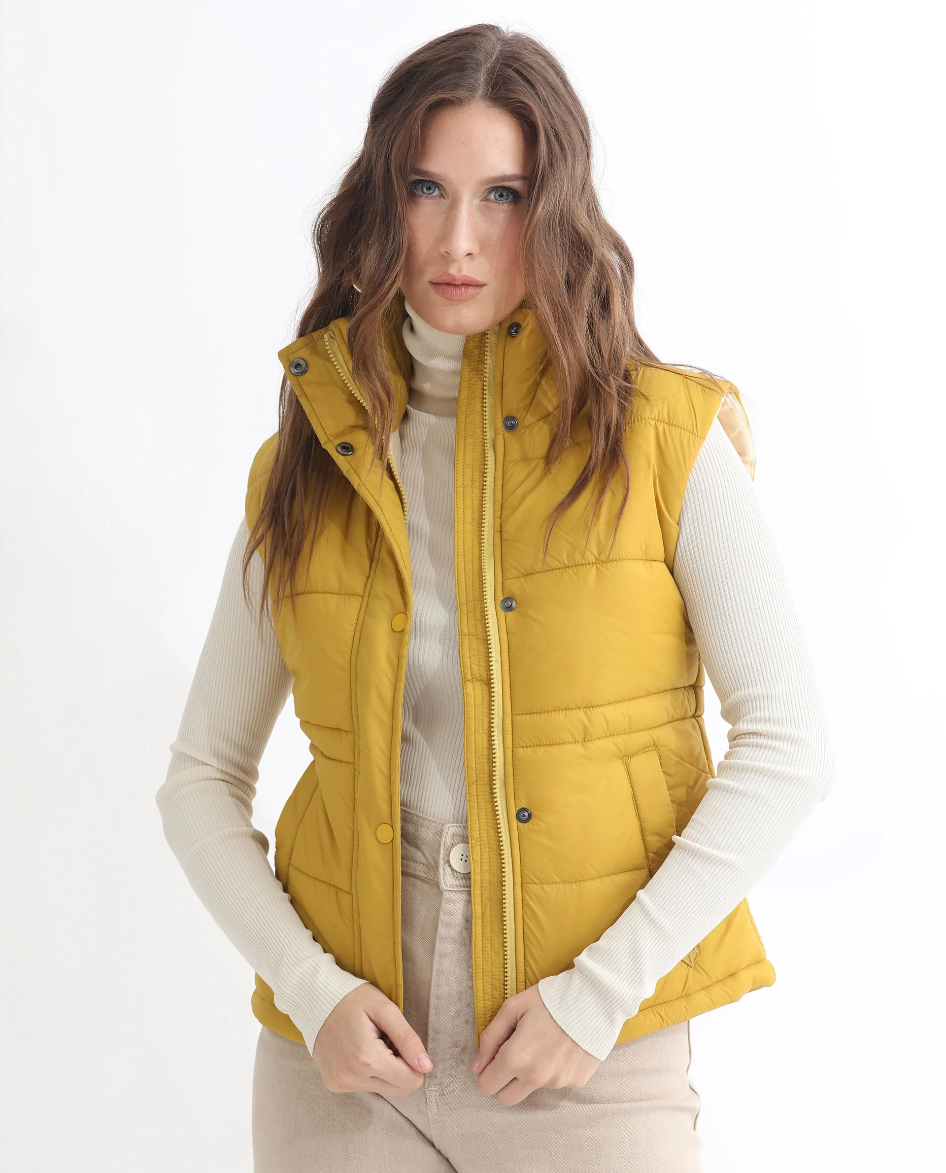 Rareism Women's Ziazan Yellow Polyester High Neck Plain Sleeveless Regular Fit Jacket
