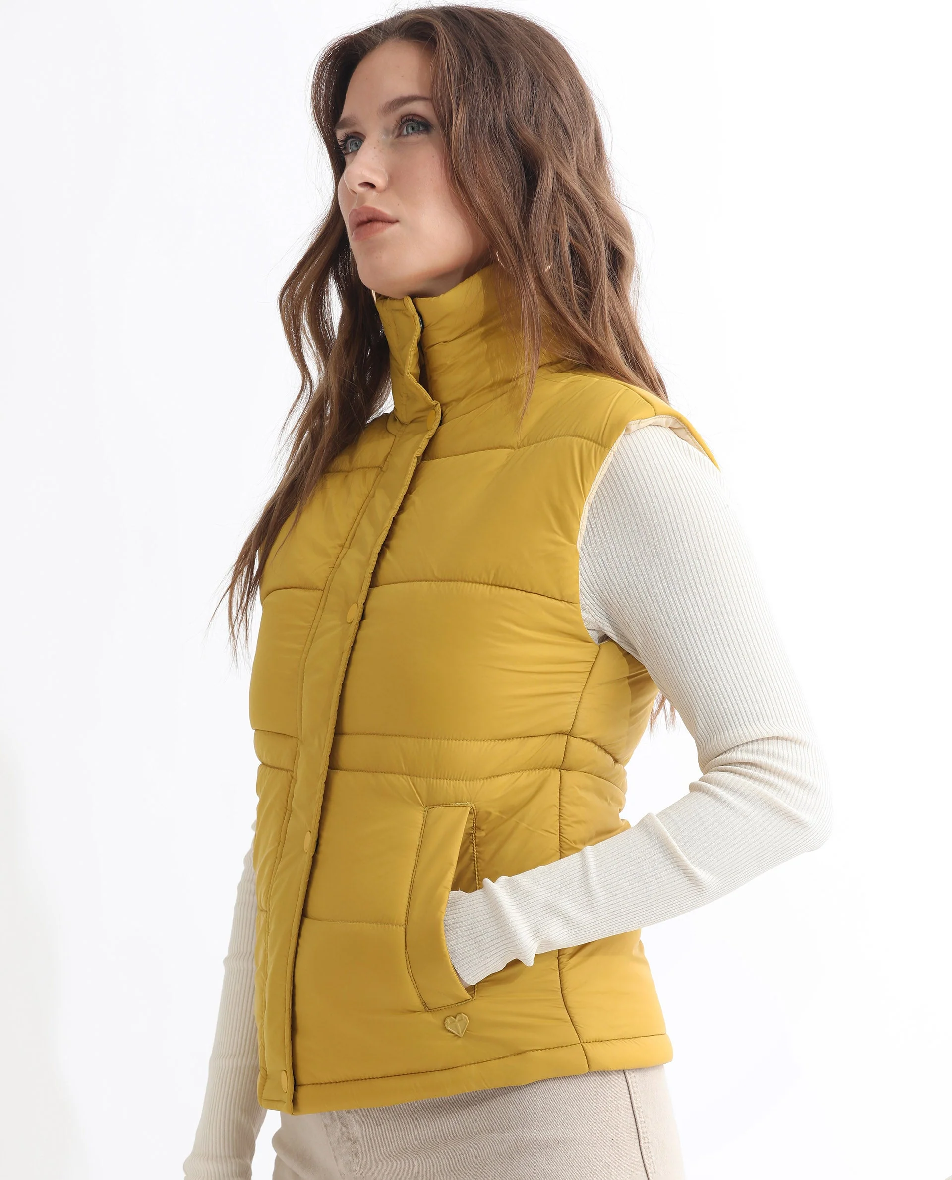 Rareism Women's Ziazan Yellow Polyester High Neck Plain Sleeveless Regular Fit Jacket - Image 11