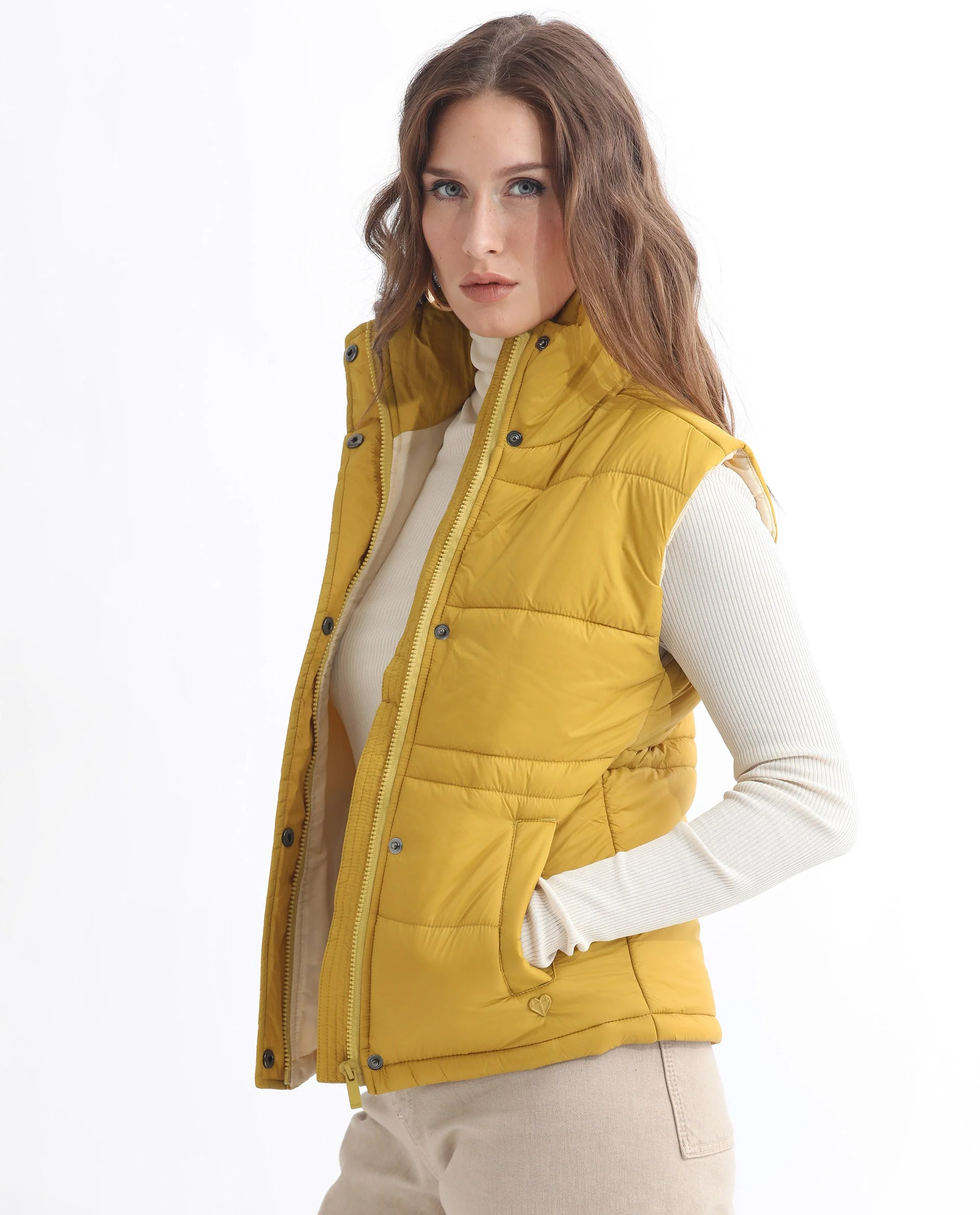 Rareism Women's Ziazan Yellow Polyester High Neck Plain Sleeveless Regular Fit Jacket - Image 12