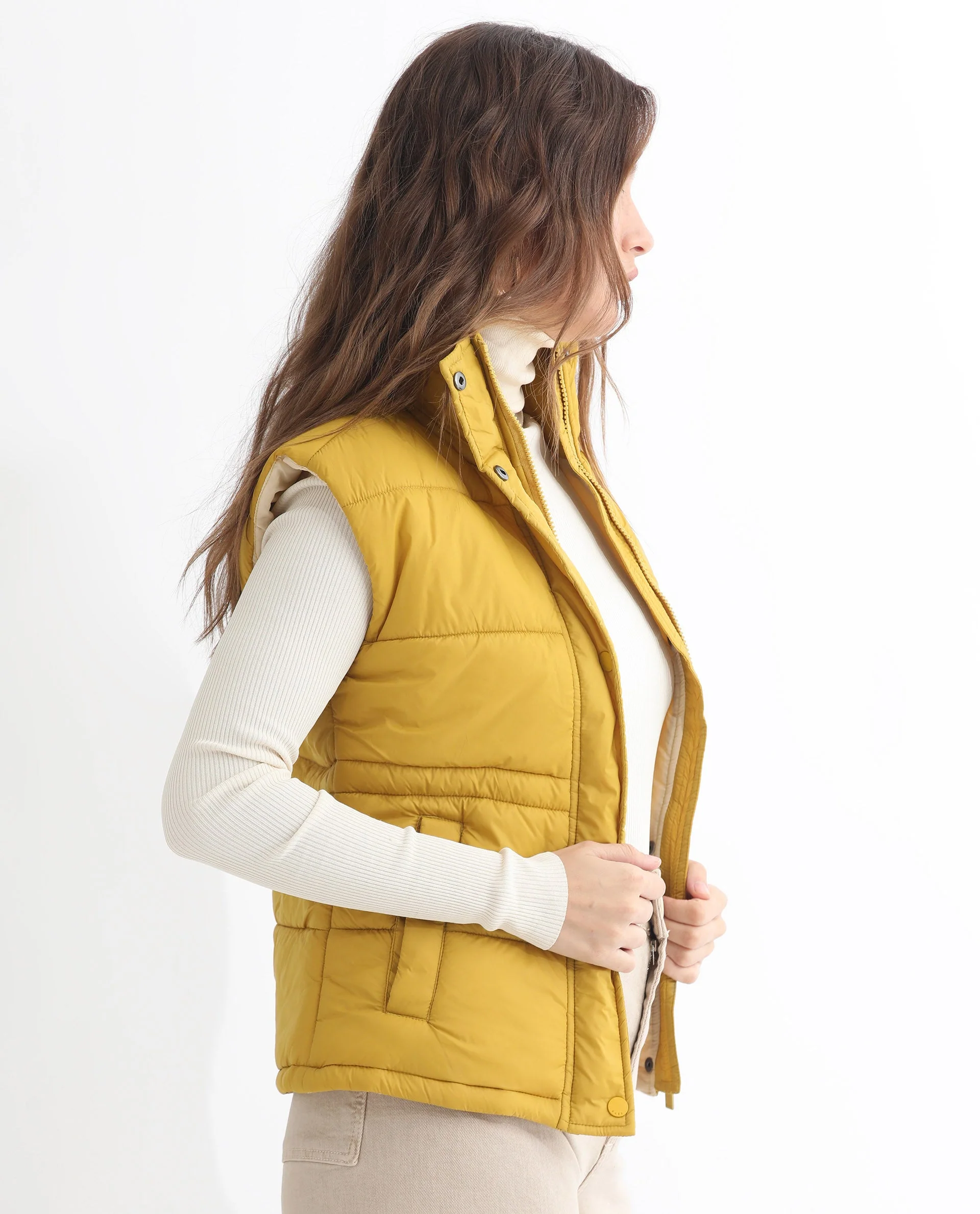 Rareism Women's Ziazan Yellow Polyester High Neck Plain Sleeveless Regular Fit Jacket - Image 13