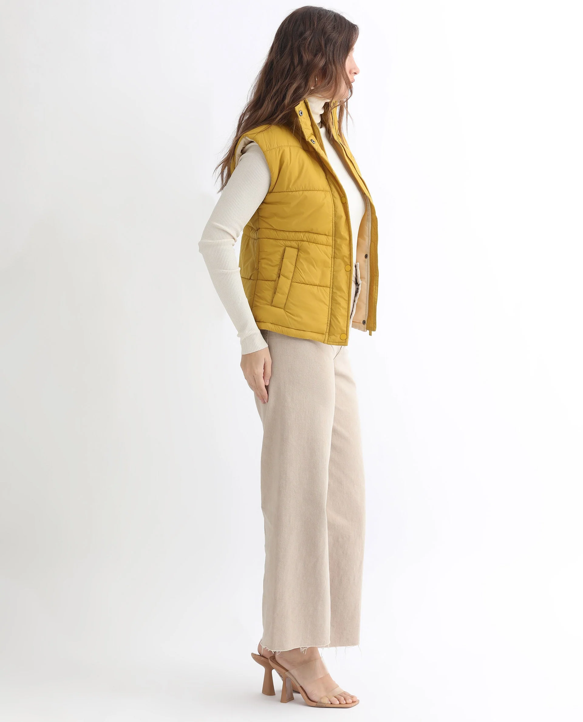 Rareism Women's Ziazan Yellow Polyester High Neck Plain Sleeveless Regular Fit Jacket - Image 14
