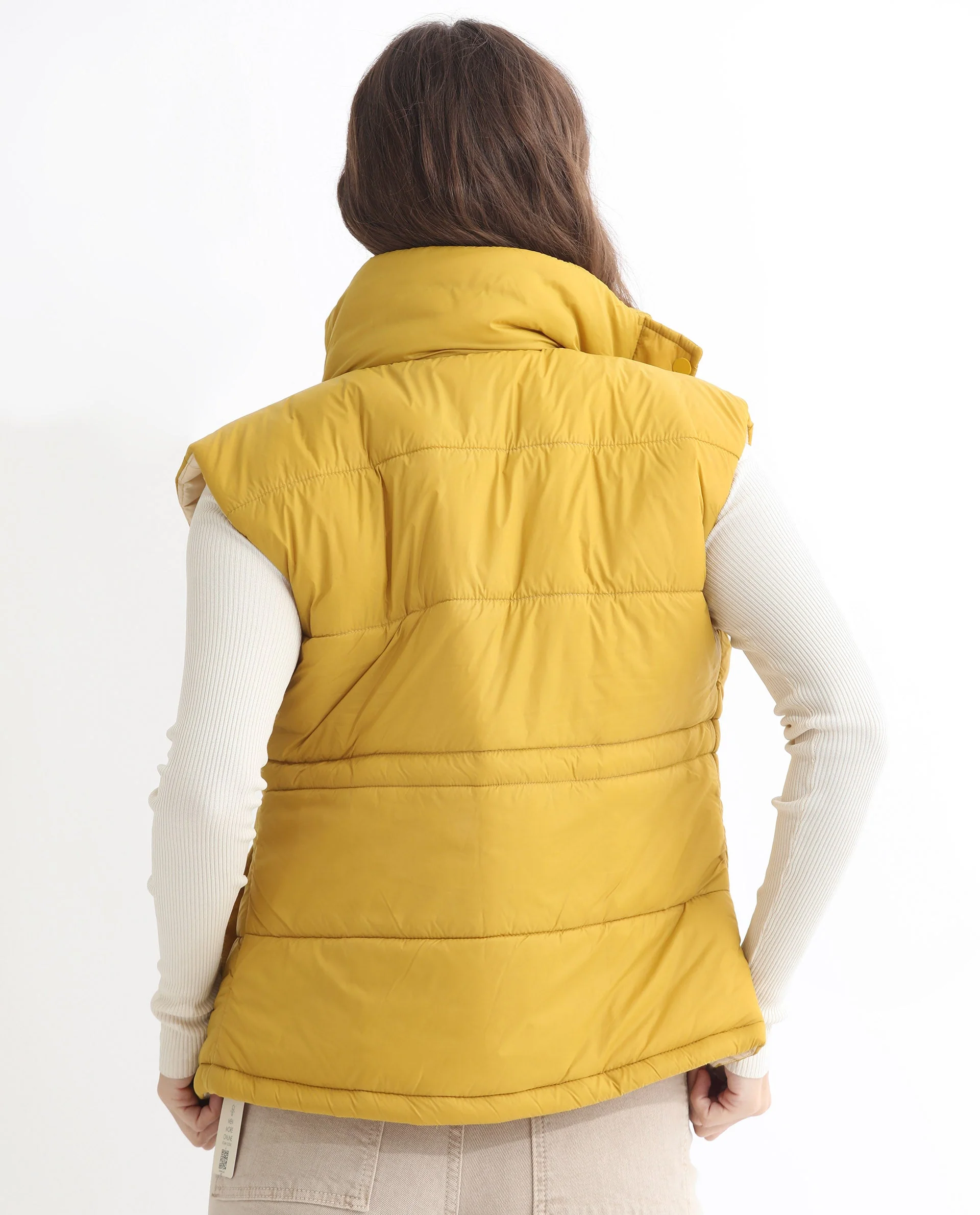 Rareism Women's Ziazan Yellow Polyester High Neck Plain Sleeveless Regular Fit Jacket - Image 15