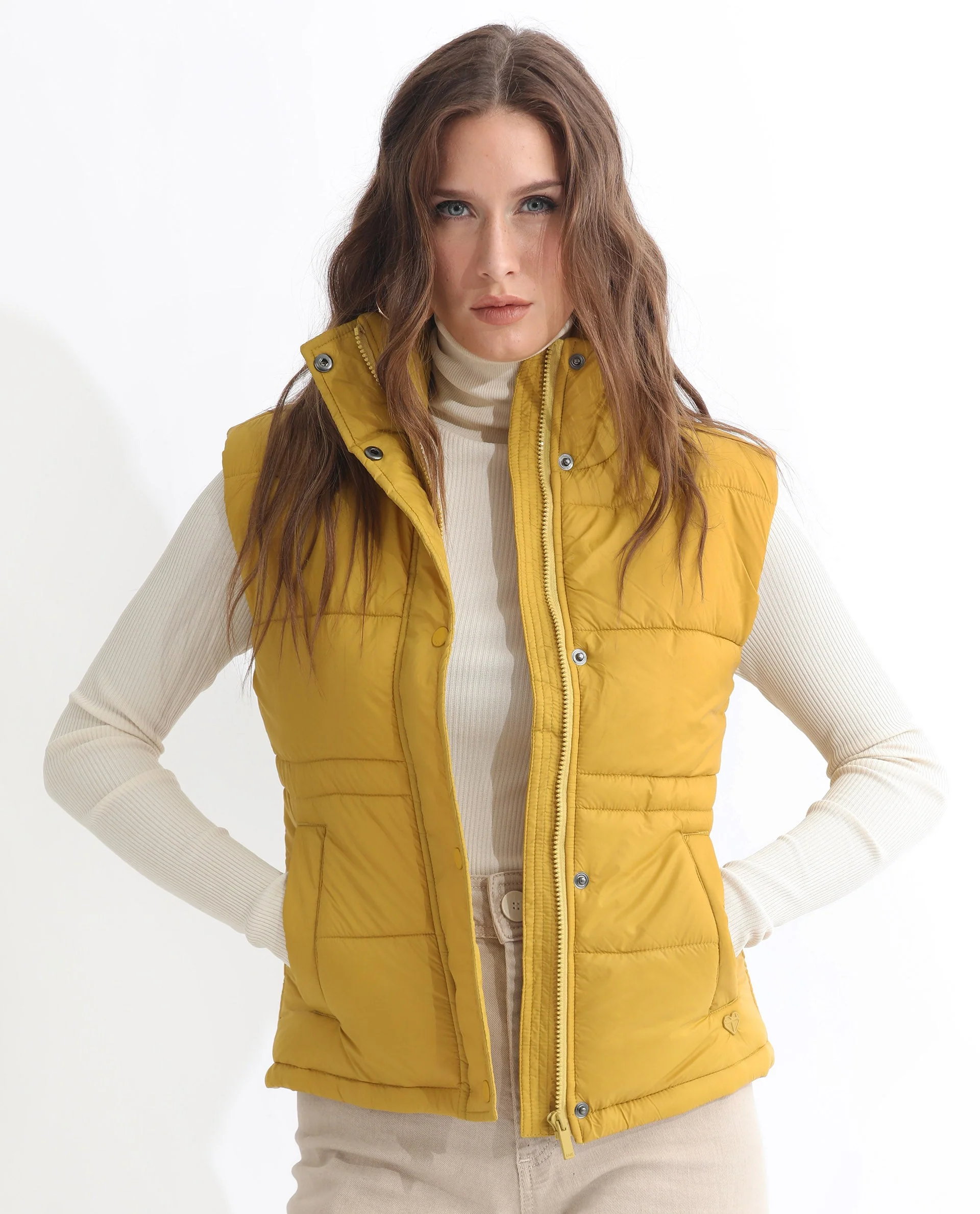 Rareism Women's Ziazan Yellow Polyester High Neck Plain Sleeveless Regular Fit Jacket - Image 3