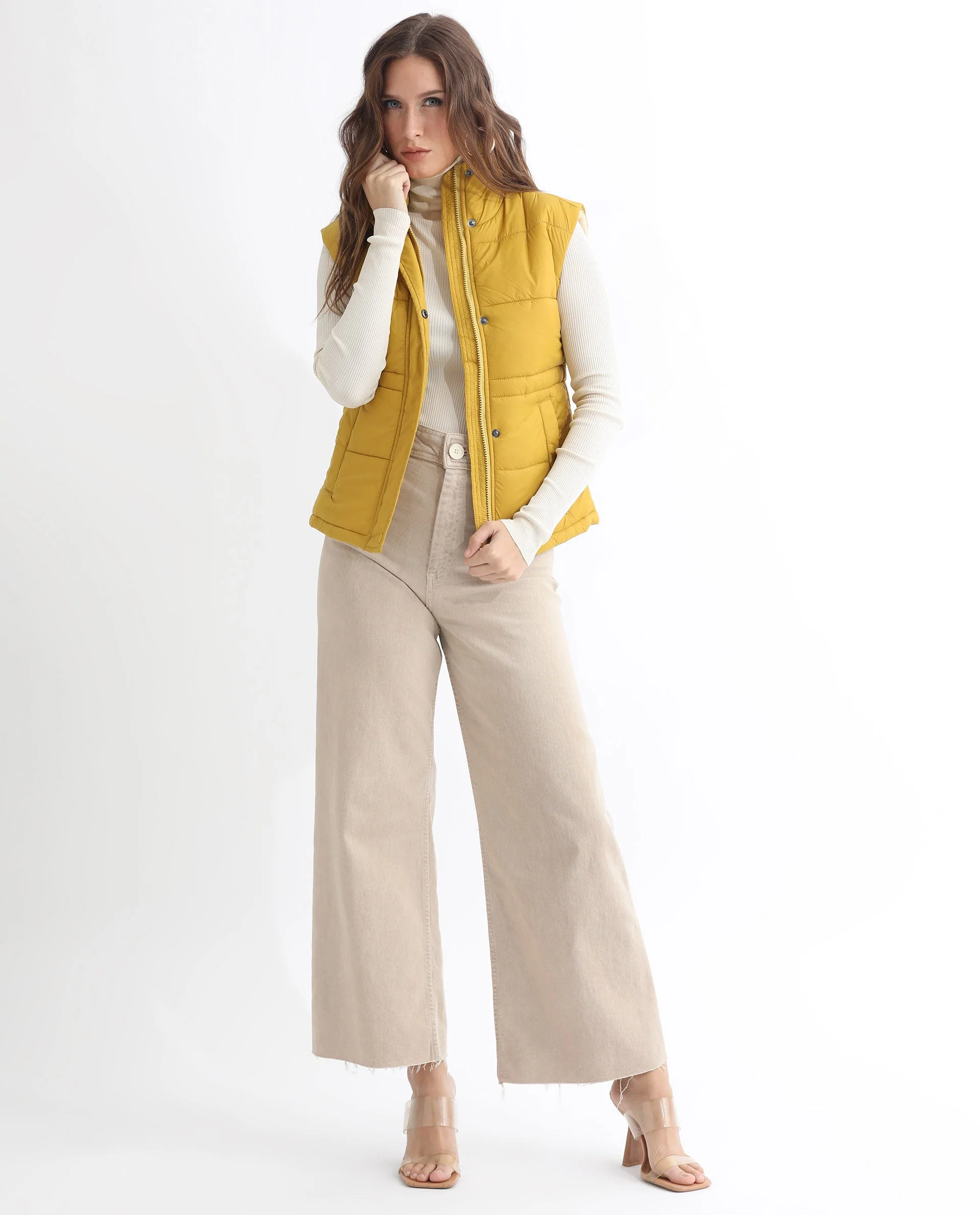 Rareism Women's Ziazan Yellow Polyester High Neck Plain Sleeveless Regular Fit Jacket - Image 4