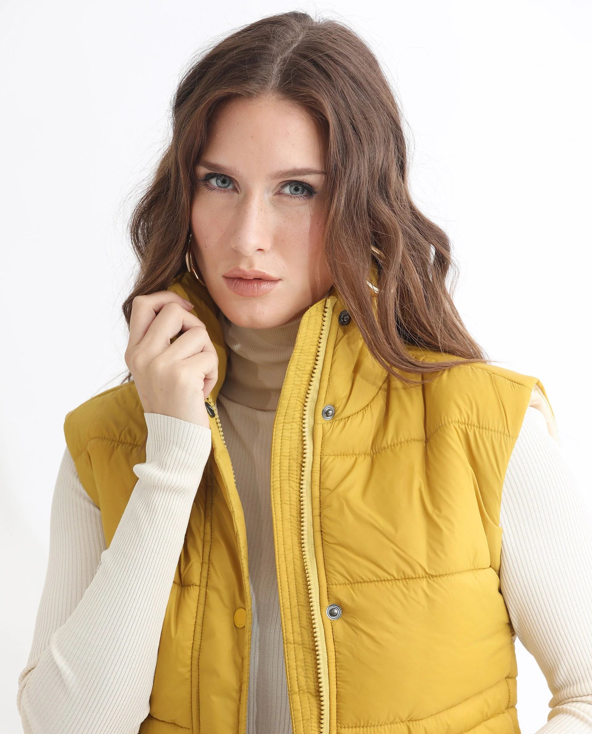 Rareism Women's Ziazan Yellow Polyester High Neck Plain Sleeveless Regular Fit Jacket - Image 5