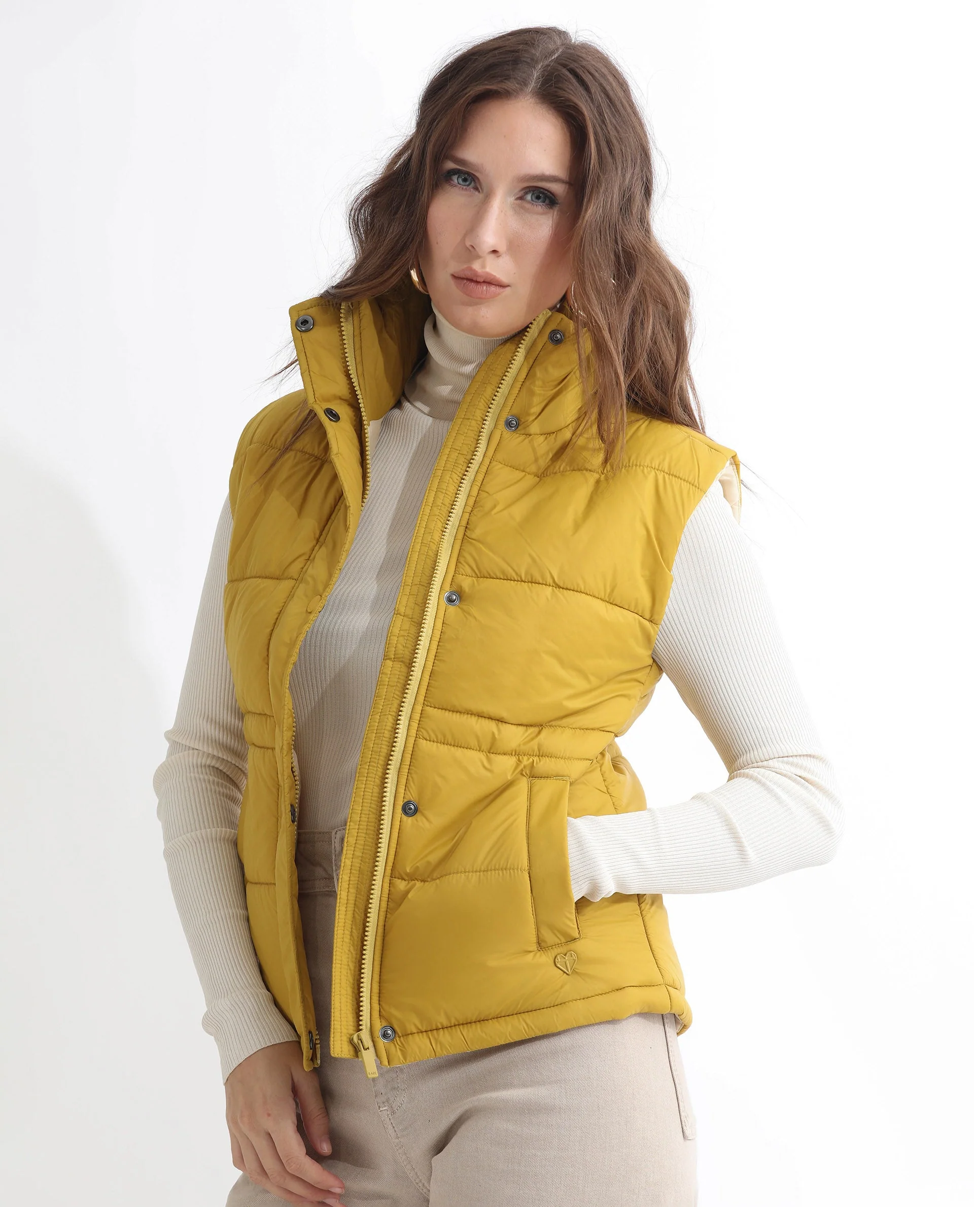 Rareism Women's Ziazan Yellow Polyester High Neck Plain Sleeveless Regular Fit Jacket - Image 6