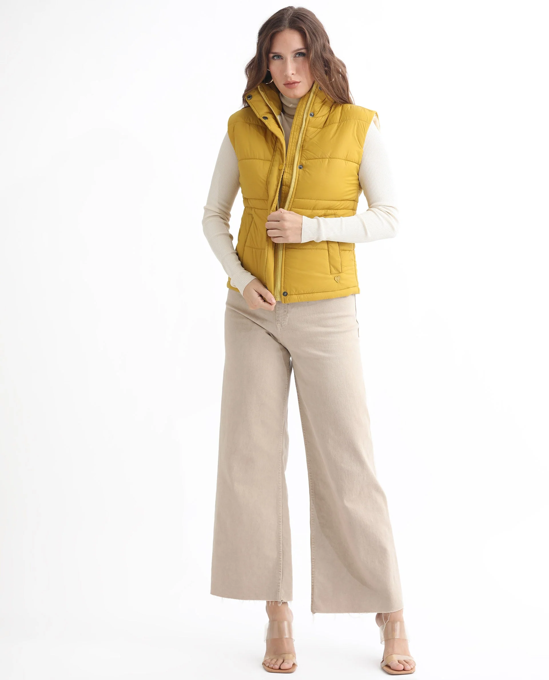 Rareism Women's Ziazan Yellow Polyester High Neck Plain Sleeveless Regular Fit Jacket - Image 7