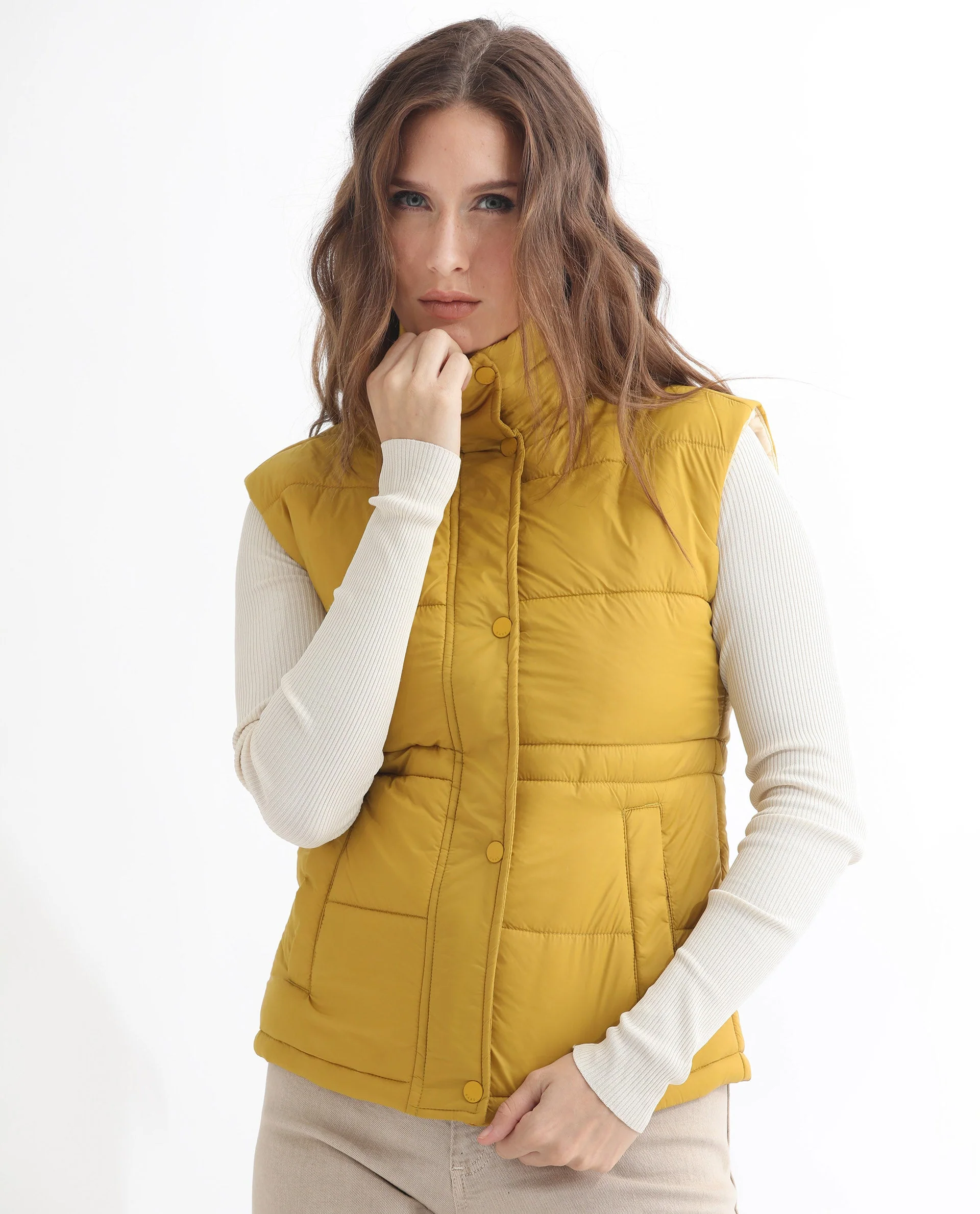 Rareism Women's Ziazan Yellow Polyester High Neck Plain Sleeveless Regular Fit Jacket - Image 8