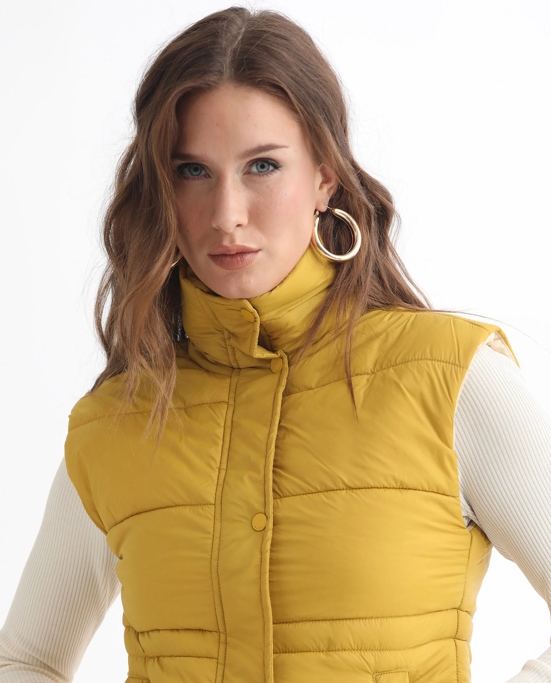 Rareism Women's Ziazan Yellow Polyester High Neck Plain Sleeveless Regular Fit Jacket - Image 9