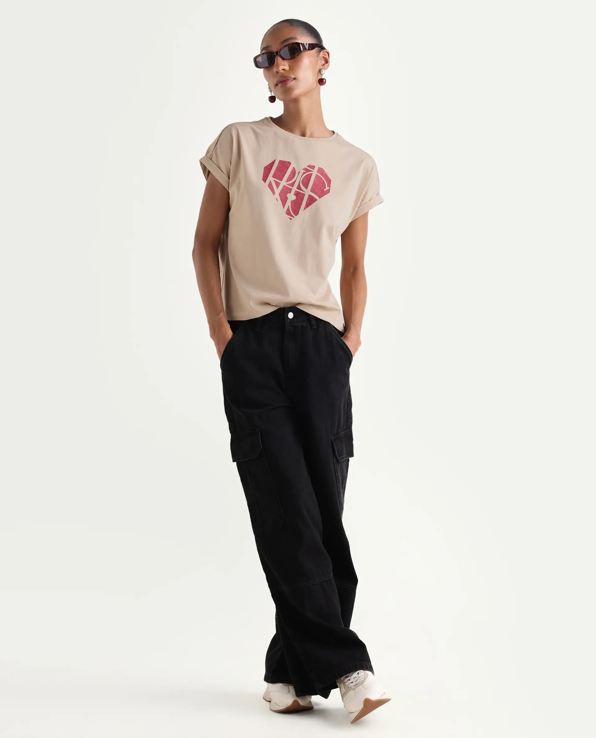 Rareism Women's Zibbit Beige Cotton Crew Neck Pull-On Relaxed Monogram Print T-Shirt - Image 2