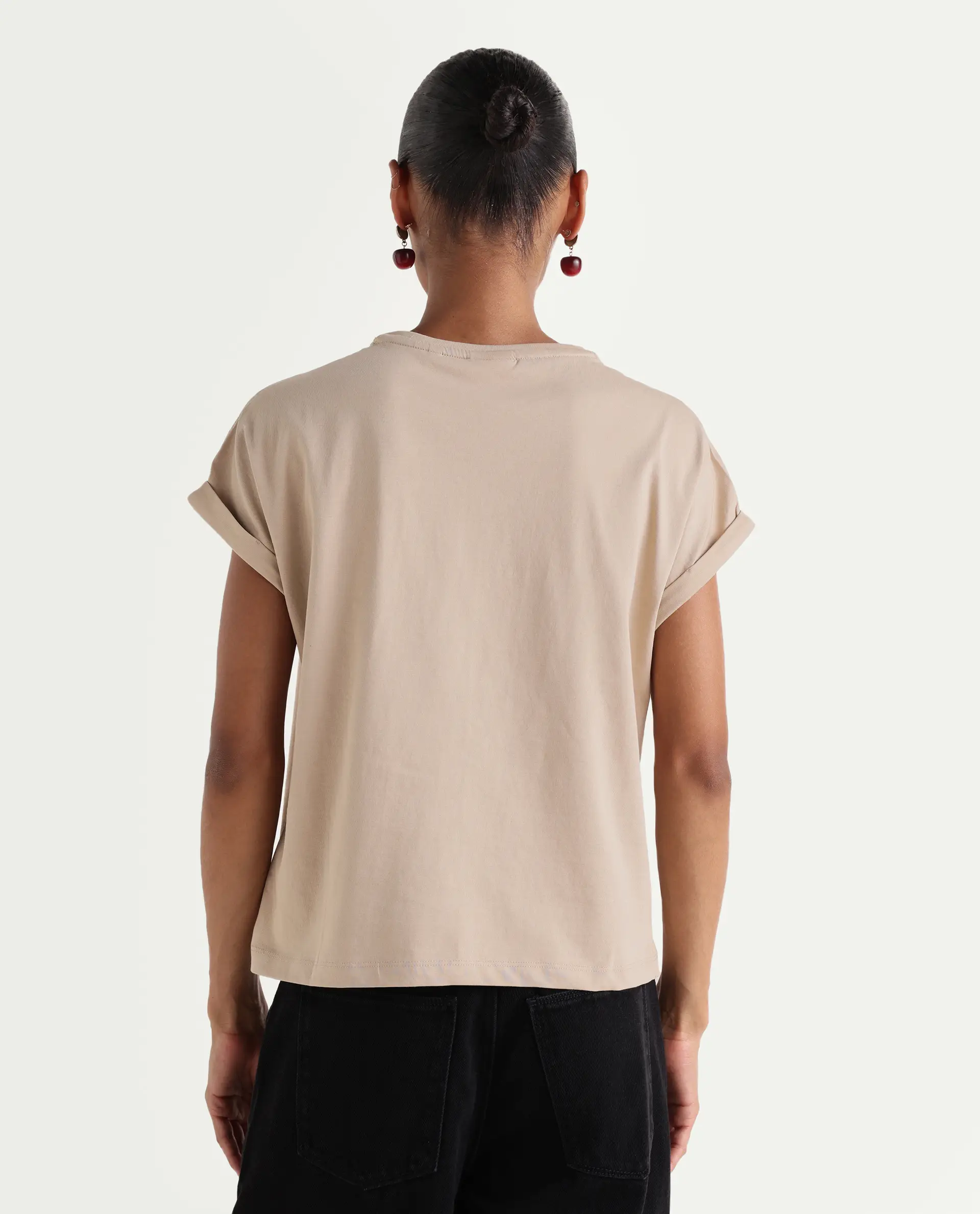 Rareism Women's Zibbit Beige Cotton Crew Neck Pull-On Relaxed Monogram Print T-Shirt - Image 6
