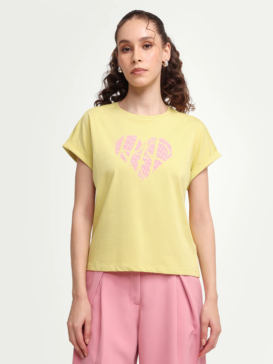Rareism Women's Zibbit Light Green Cotton Crew Neck Pull-On Relaxed Monogram Print T-Shirt - Image 3