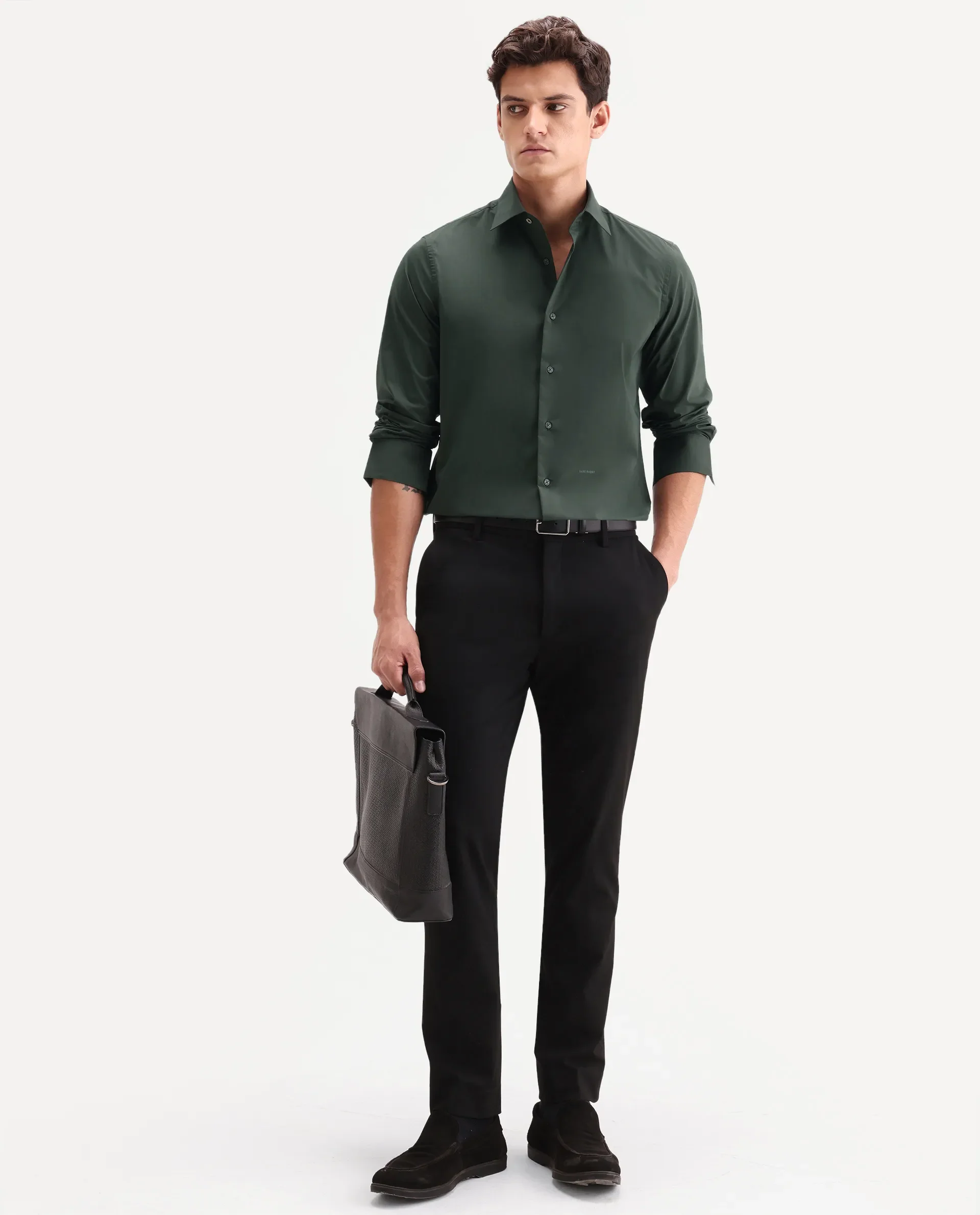 Rare Rabbit Men's Zidan Dark Green Cotton Blend Fabric Full Sleeve Spread Collar Button Regular Plain Shirt - Image 2