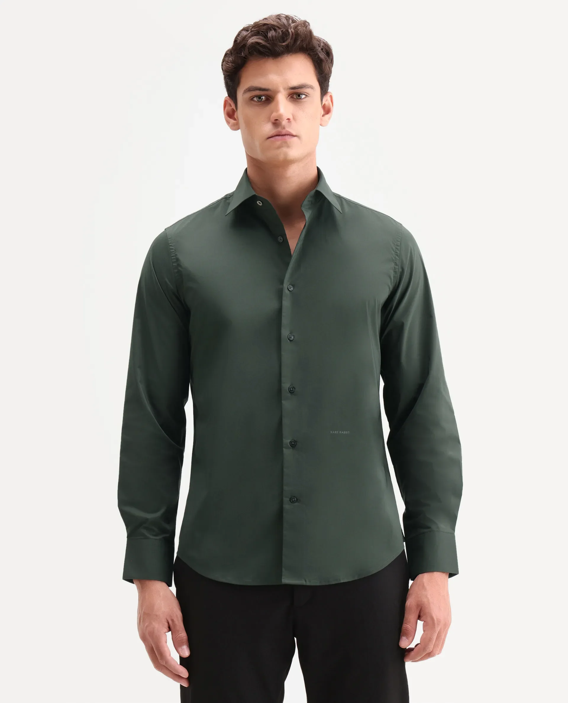 Rare Rabbit Men's Zidan Dark Green Cotton Blend Fabric Full Sleeve Spread Collar Button Regular Plain Shirt - Image 4