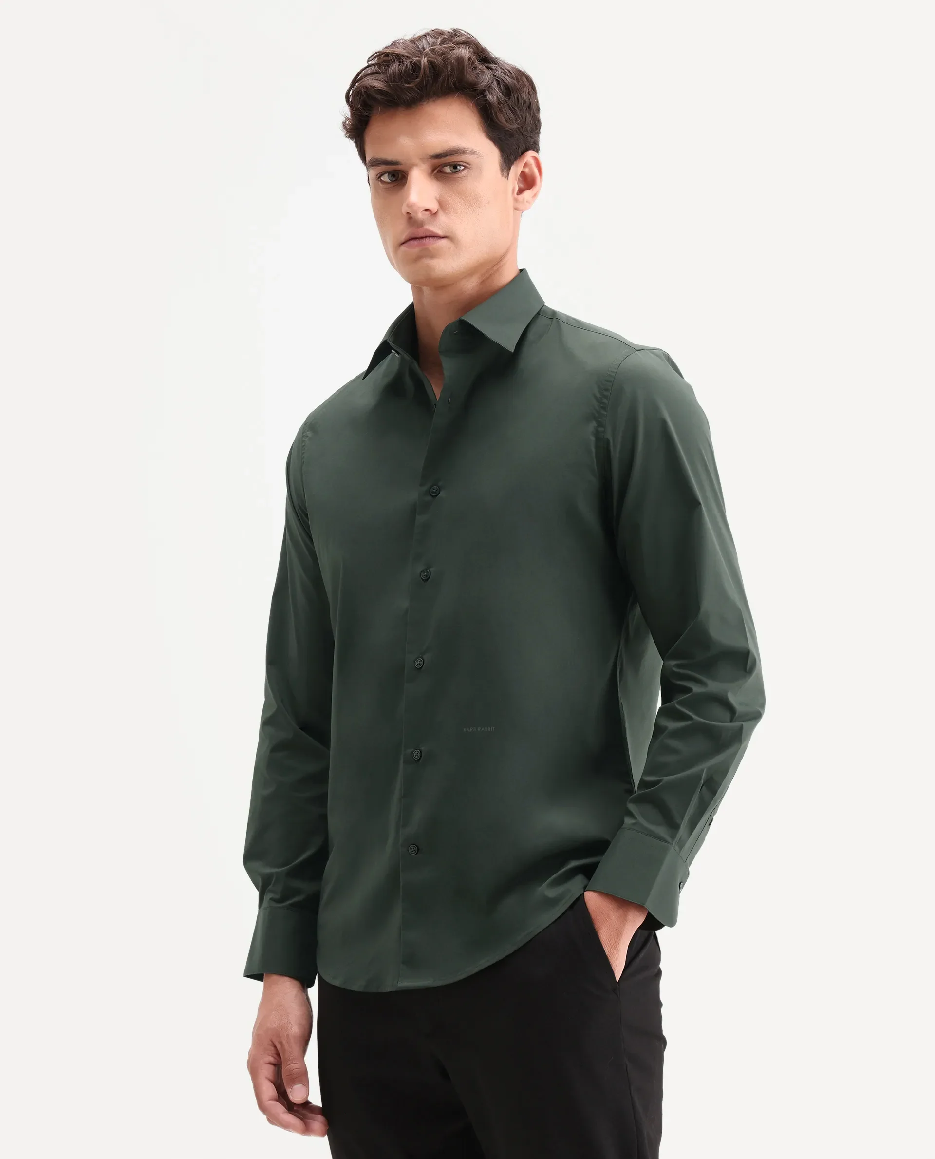 Rare Rabbit Men's Zidan Dark Green Cotton Blend Fabric Full Sleeve Spread Collar Button Regular Plain Shirt - Image 5