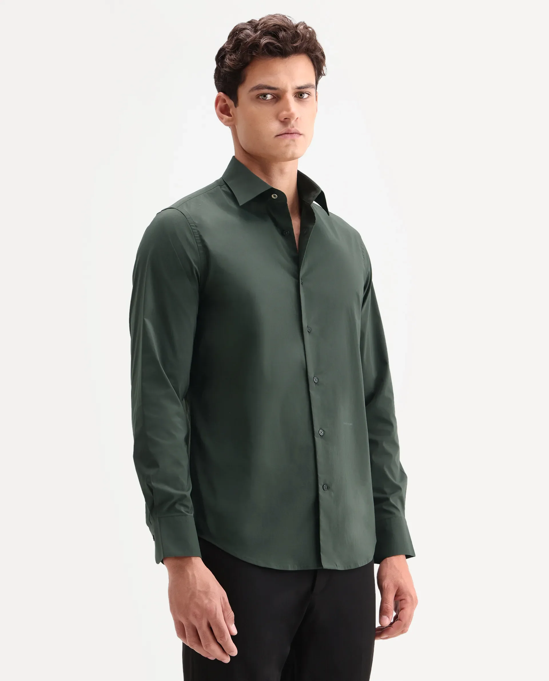Rare Rabbit Men's Zidan Dark Green Cotton Blend Fabric Full Sleeve Spread Collar Button Regular Plain Shirt - Image 6