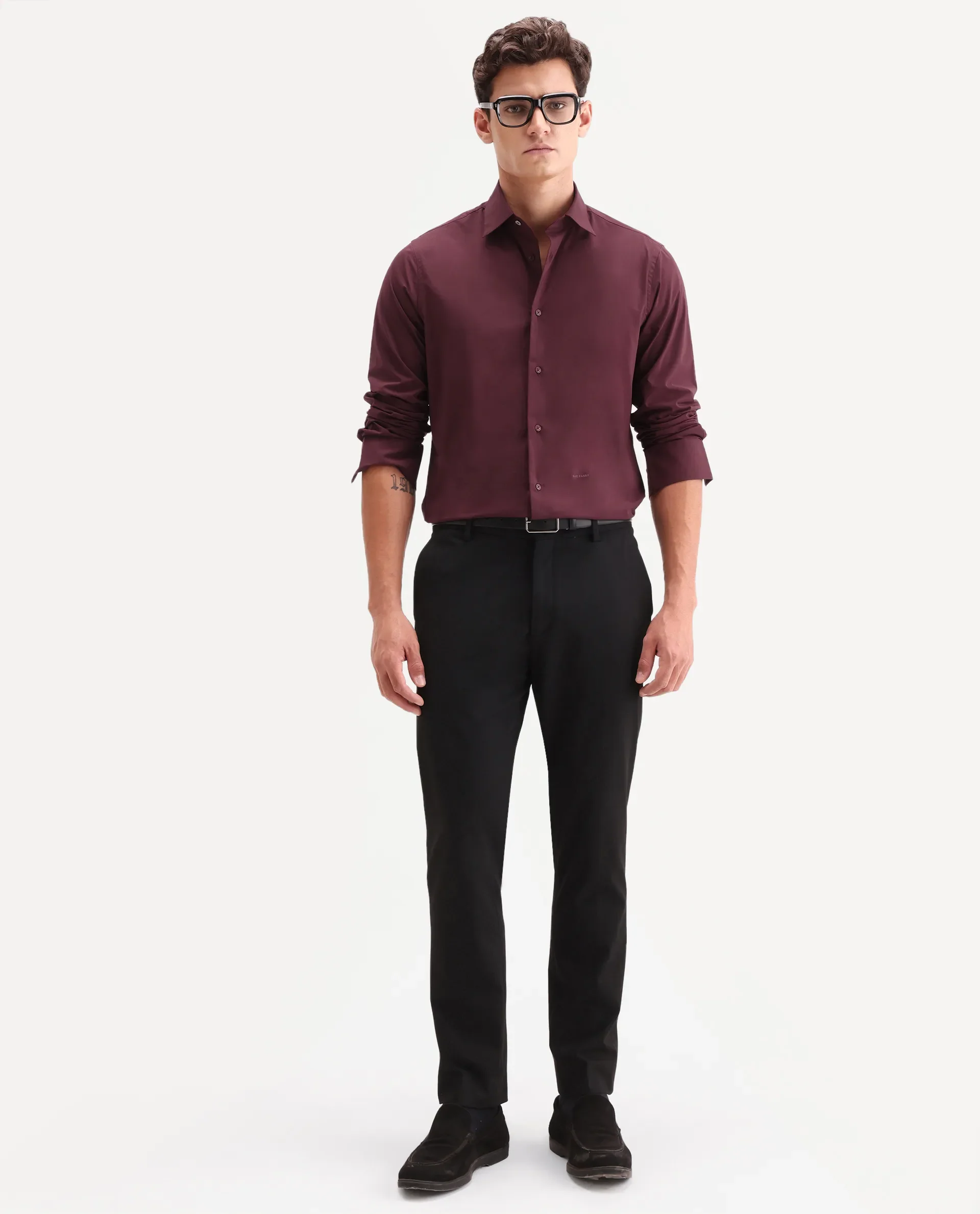 Rare Rabbit Men's Zidan Dark Maroon Cotton Blend Fabric Full Sleeve Spread Collar Button Regular Plain Shirt - Image 2