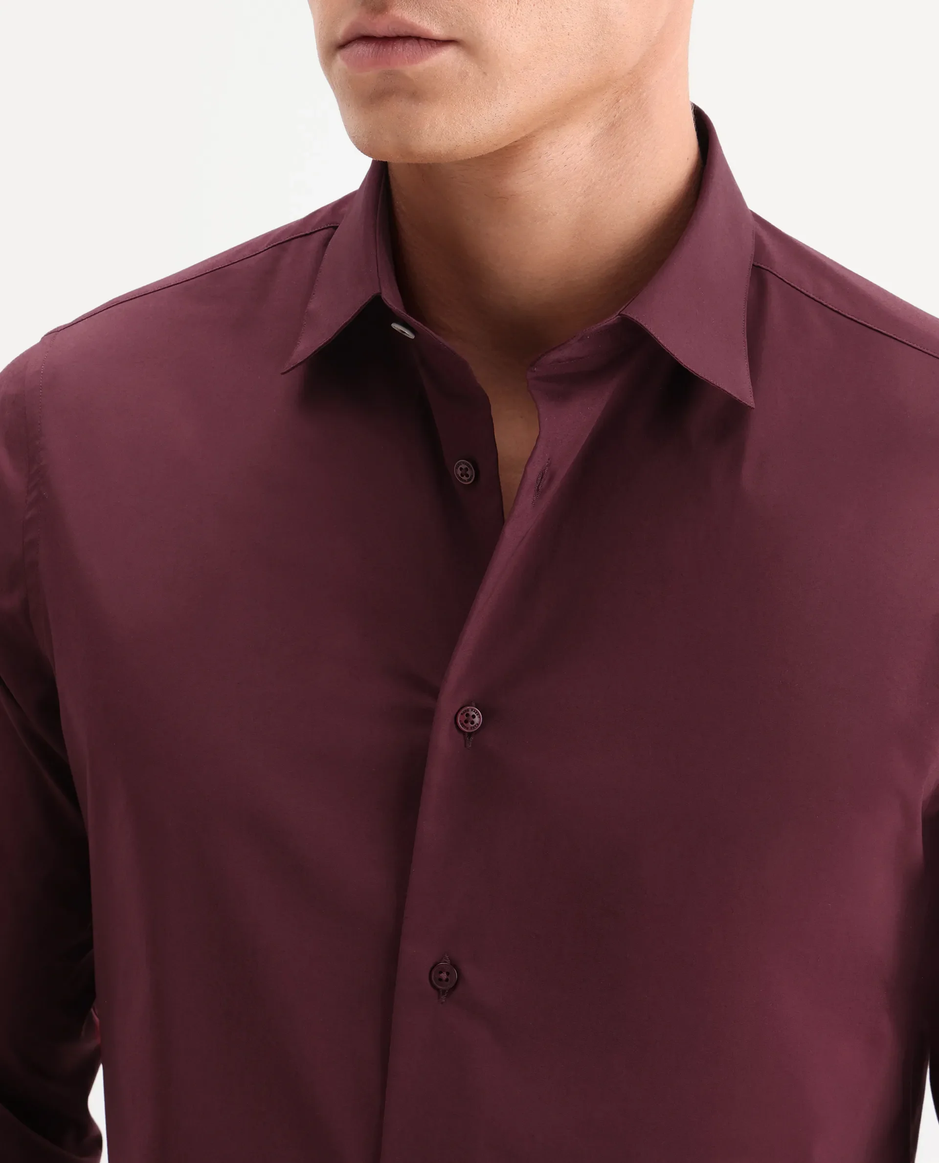 Rare Rabbit Men's Zidan Dark Maroon Cotton Blend Fabric Full Sleeve Spread Collar Button Regular Plain Shirt - Image 3