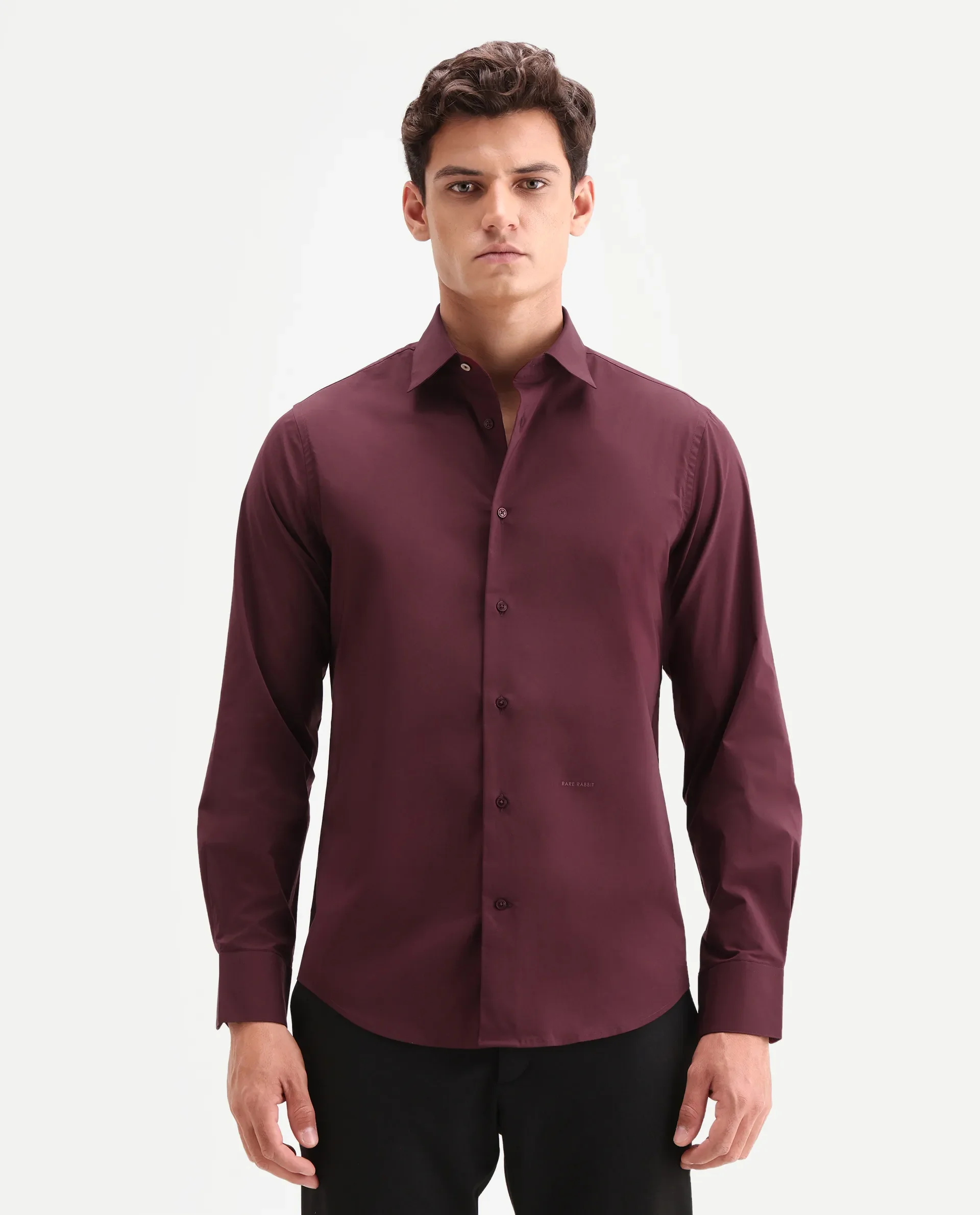 Rare Rabbit Men's Zidan Dark Maroon Cotton Blend Fabric Full Sleeve Spread Collar Button Regular Plain Shirt - Image 4