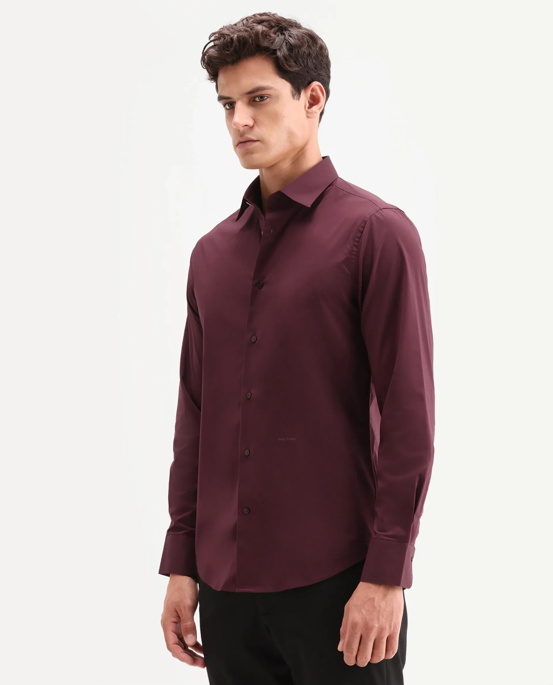 Rare Rabbit Men's Zidan Dark Maroon Cotton Blend Fabric Full Sleeve Spread Collar Button Regular Plain Shirt - Image 5