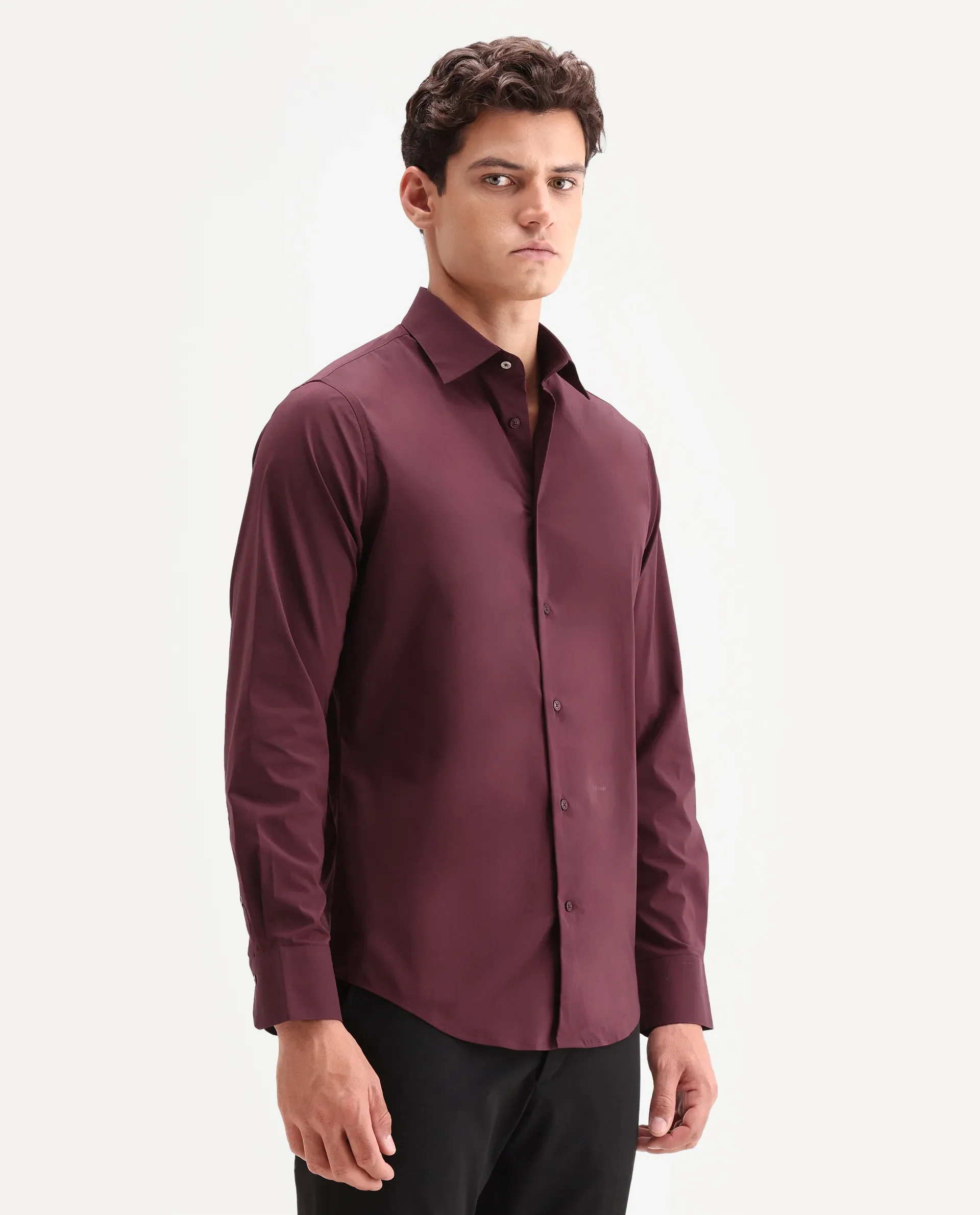 Rare Rabbit Men's Zidan Dark Maroon Cotton Blend Fabric Full Sleeve Spread Collar Button Regular Plain Shirt - Image 6