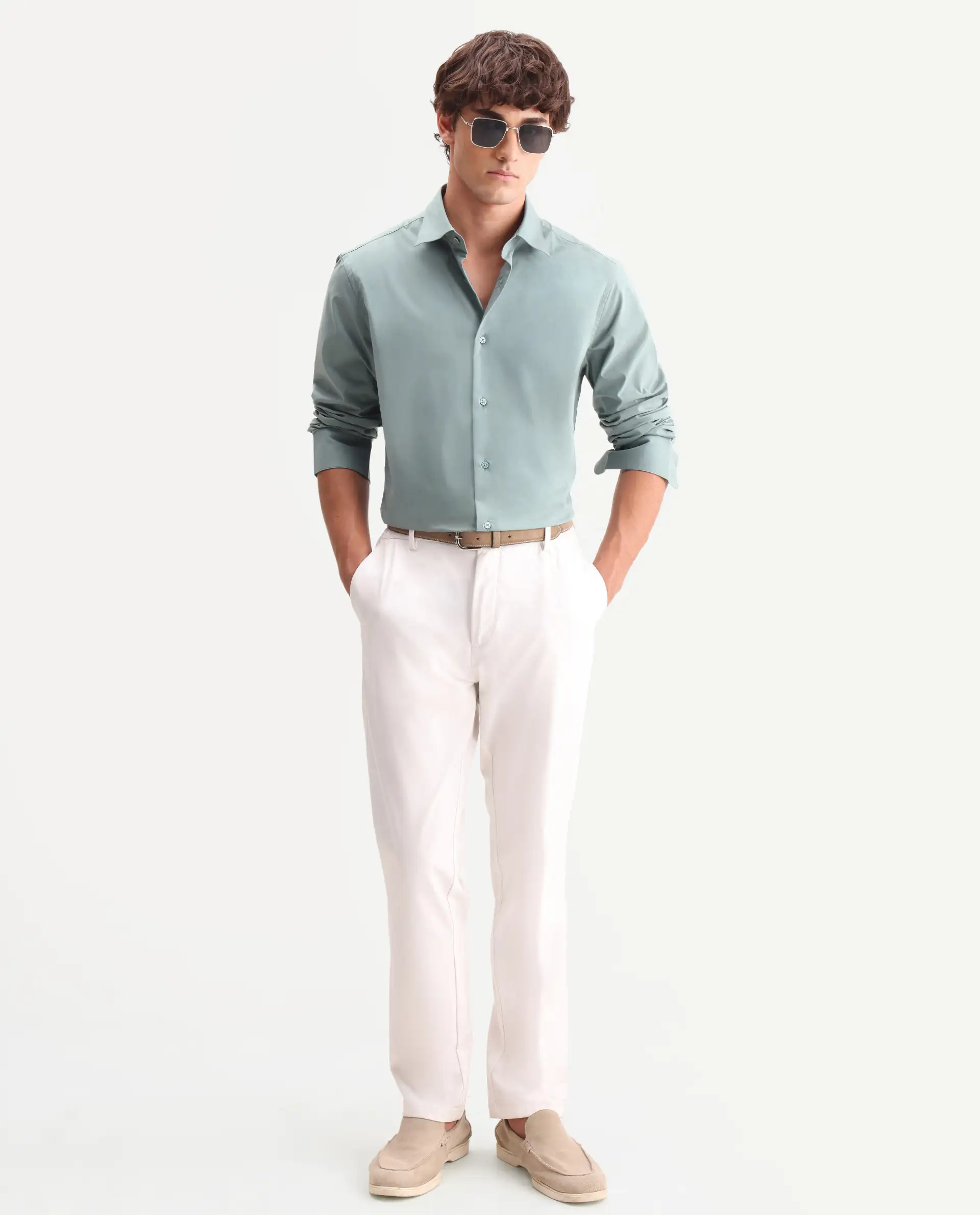 Rare Rabbit Men's Zidan Dusky Teal Cotton Blend Fabric Full Sleeve Spread Collar Button Regular Plain Shirt - Image 2