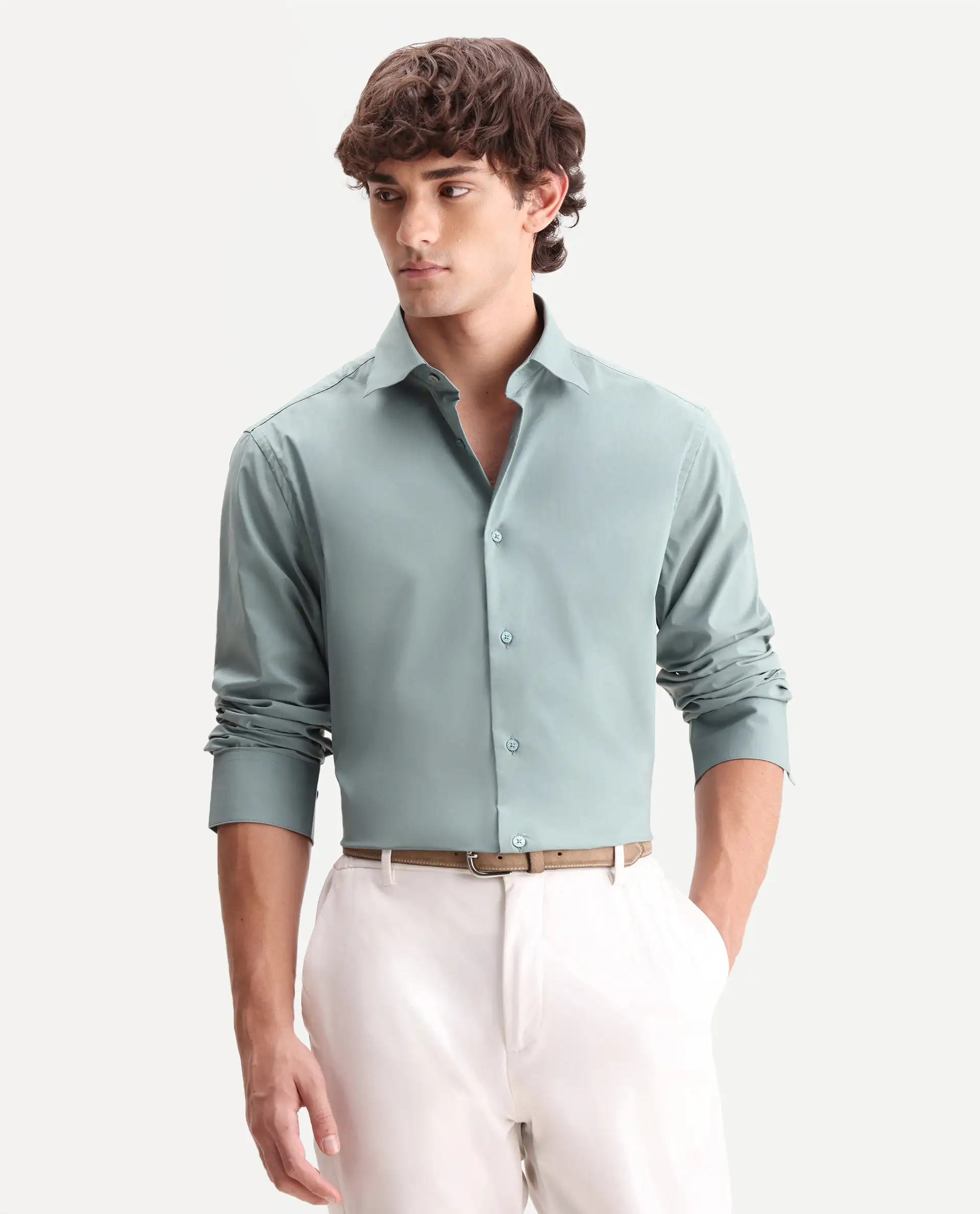 Rare Rabbit Men's Zidan Dusky Teal Cotton Blend Fabric Full Sleeve Spread Collar Button Regular Plain Shirt - Image 4