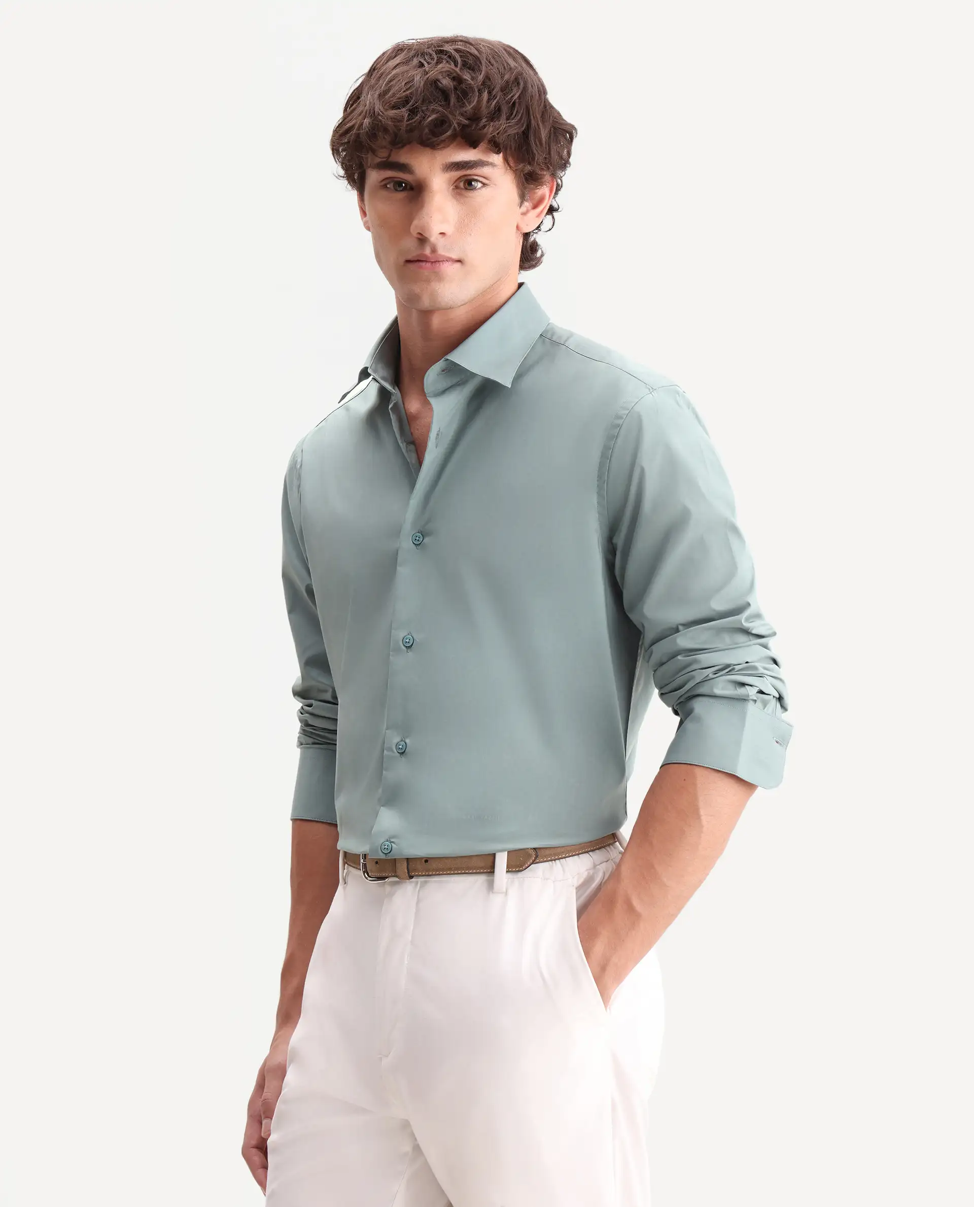 Rare Rabbit Men's Zidan Dusky Teal Cotton Blend Fabric Full Sleeve Spread Collar Button Regular Plain Shirt - Image 5