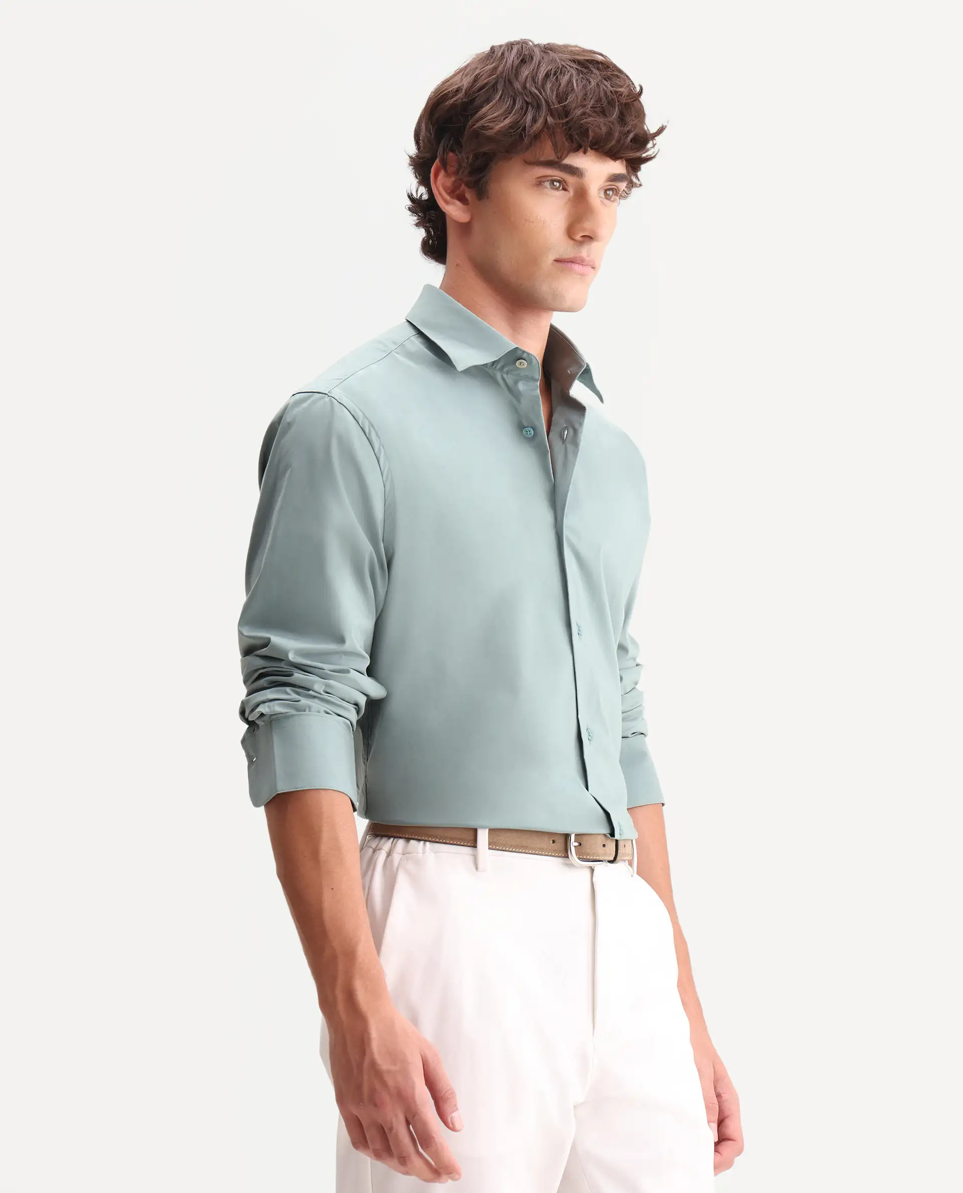 Rare Rabbit Men's Zidan Dusky Teal Cotton Blend Fabric Full Sleeve Spread Collar Button Regular Plain Shirt - Image 6
