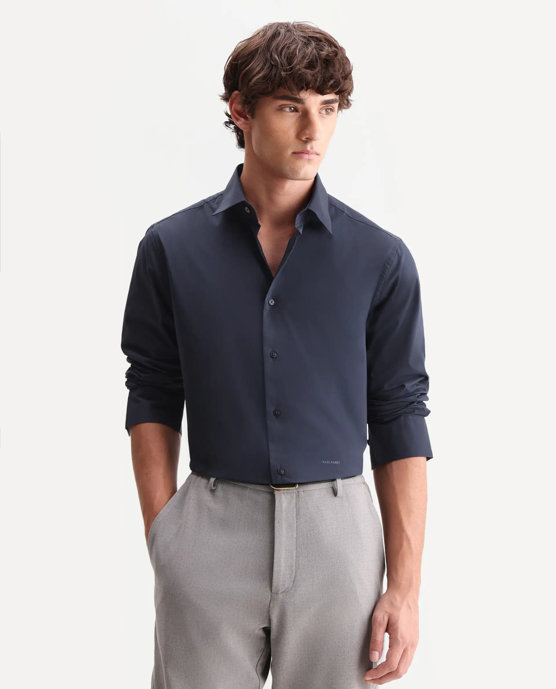 Rare Rabbit Men's Zidan Navy Cotton Blend Fabric Full Sleeve Spread Collar Button Regular Plain Shirt - Image 4