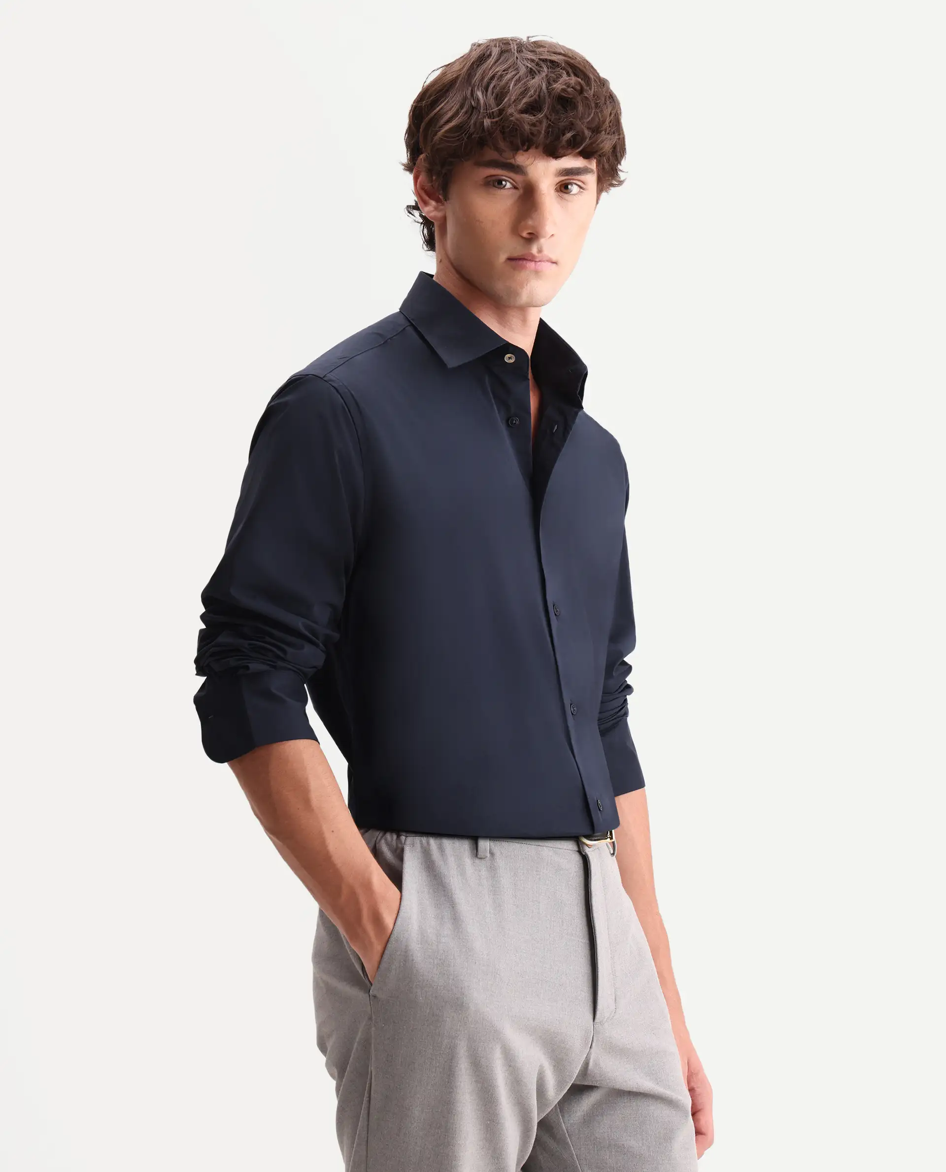 Rare Rabbit Men's Zidan Navy Cotton Blend Fabric Full Sleeve Spread Collar Button Regular Plain Shirt - Image 5