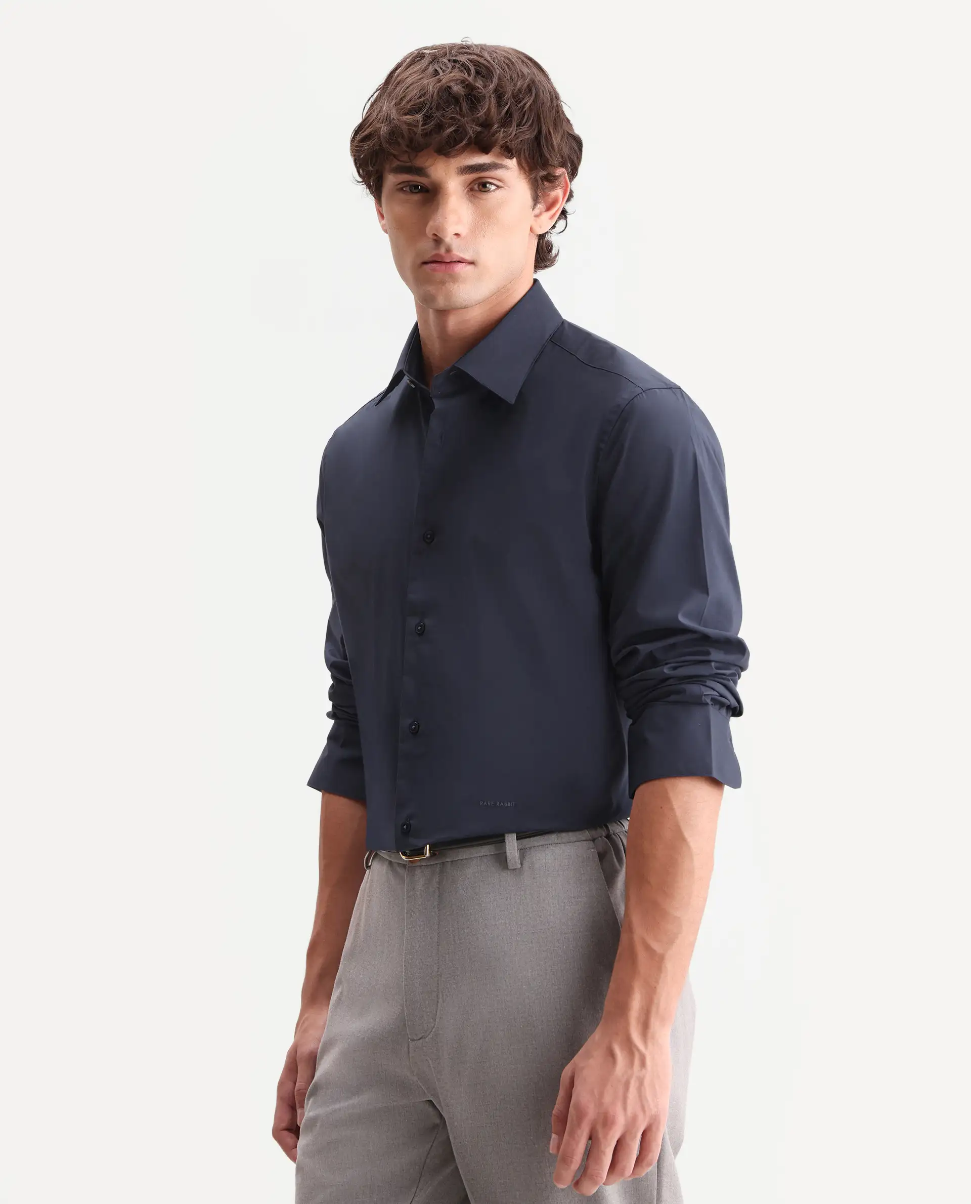Rare Rabbit Men's Zidan Navy Cotton Blend Fabric Full Sleeve Spread Collar Button Regular Plain Shirt - Image 6