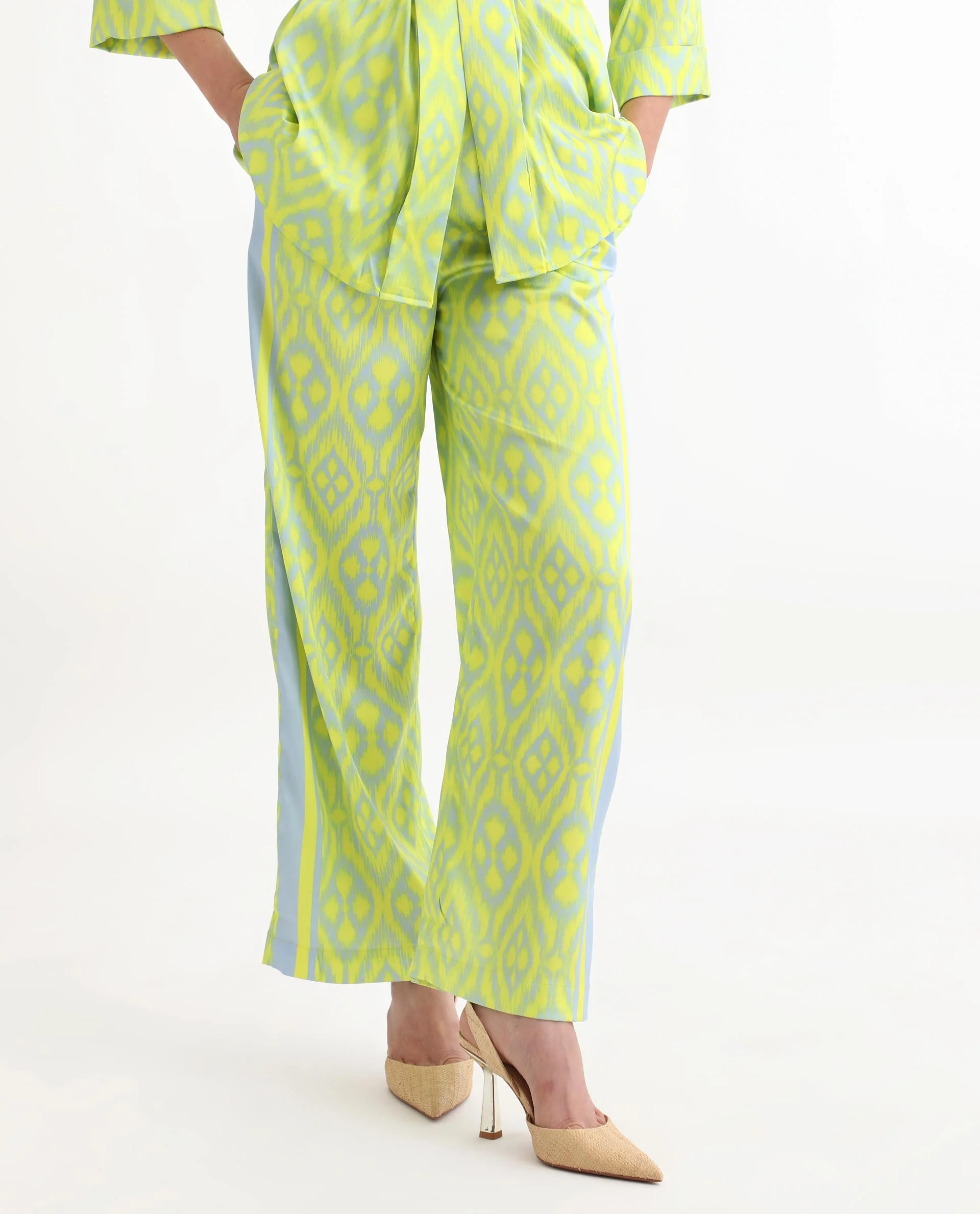 Rareism Women's Zie Yellow Polyester Striped Ankle Length Regular Fit Trouser
