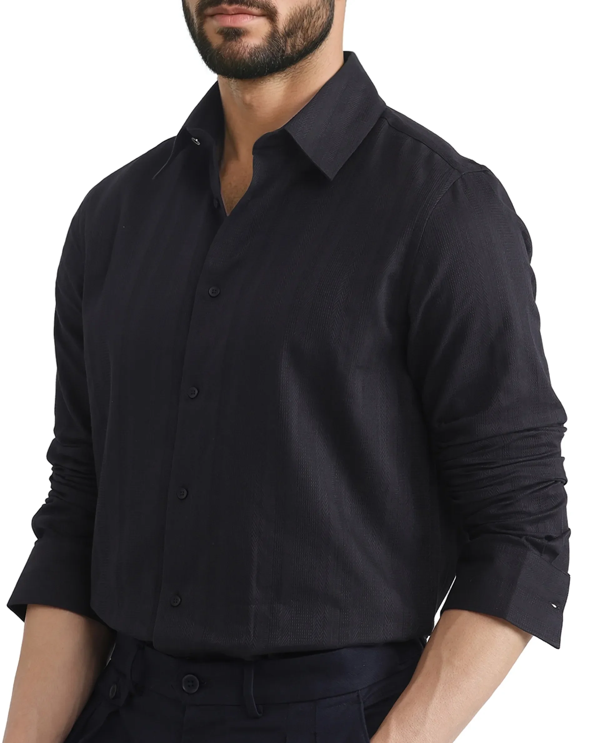 Rare Rabbit Men's Zift Black Cotton Blend Plain Regular Fit Full Sleeve Collared Shirt - Image 3