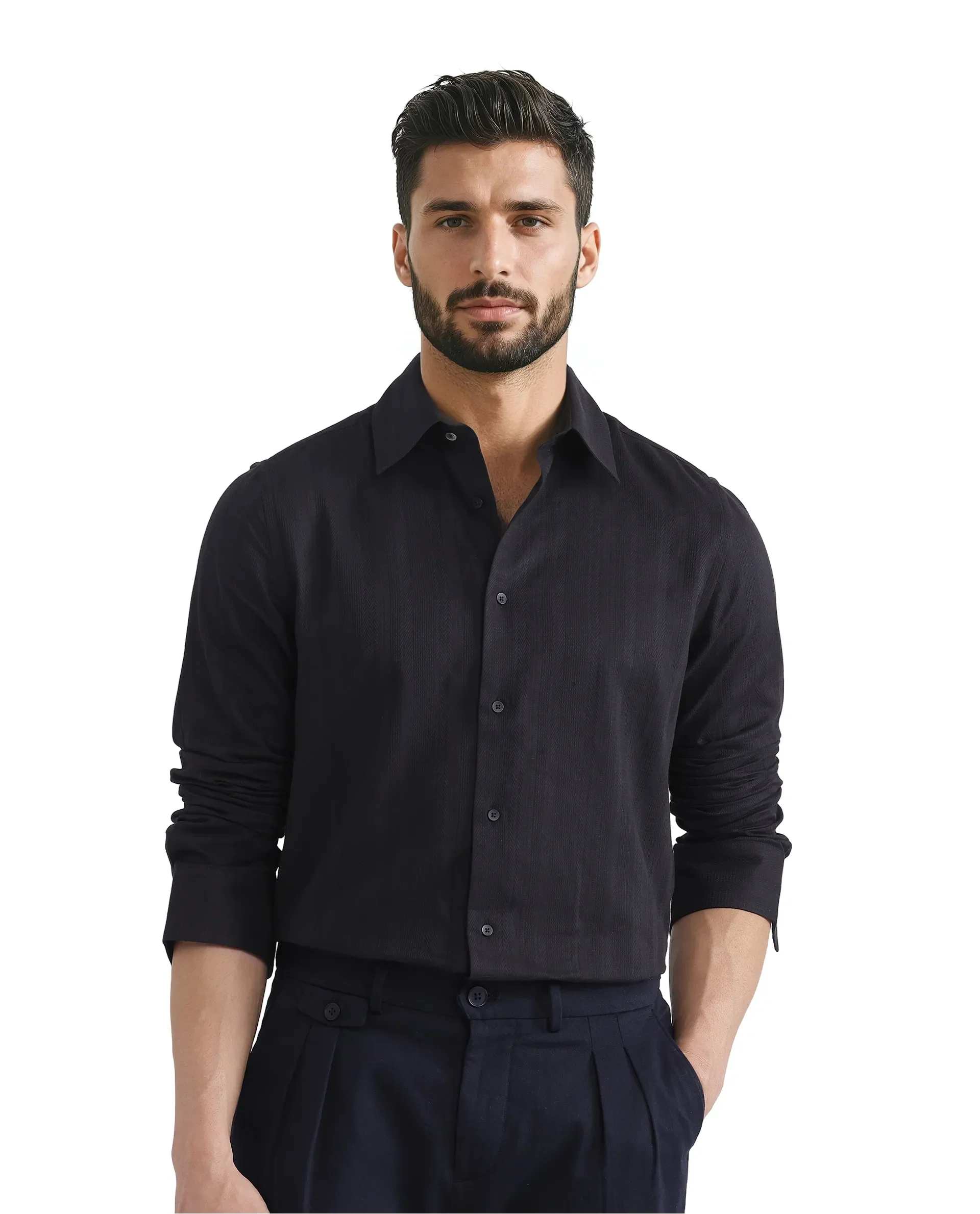 Rare Rabbit Men's Zift Black Cotton Blend Plain Regular Fit Full Sleeve Collared Shirt - Image 5