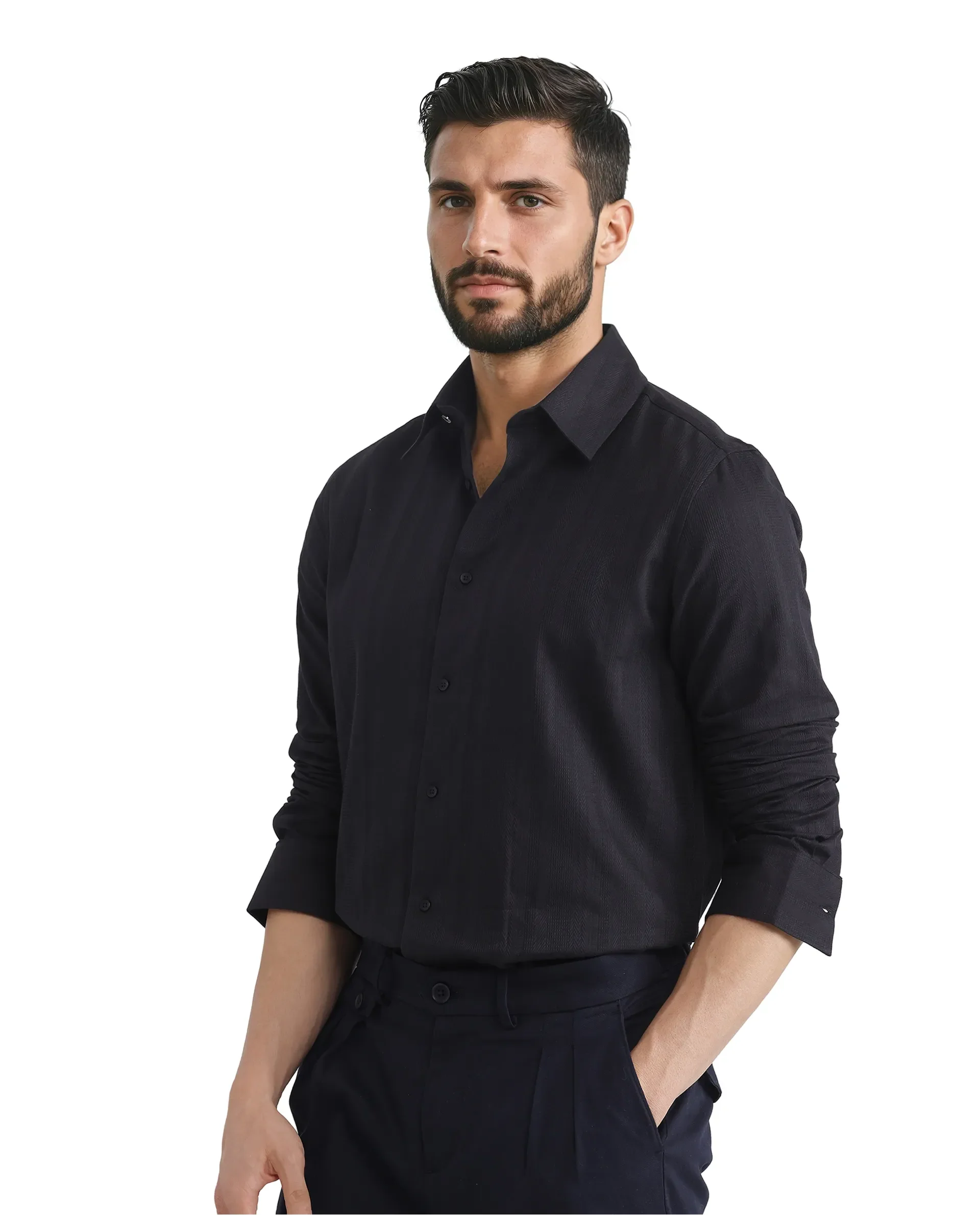 Rare Rabbit Men's Zift Black Cotton Blend Plain Regular Fit Full Sleeve Collared Shirt - Image 6