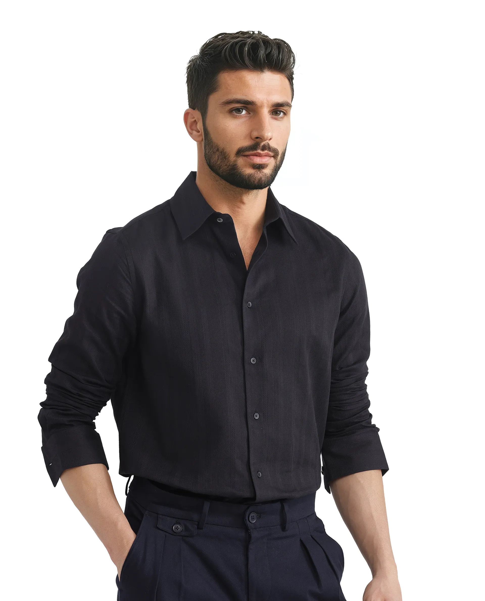 Rare Rabbit Men's Zift Black Cotton Blend Plain Regular Fit Full Sleeve Collared Shirt - Image 7