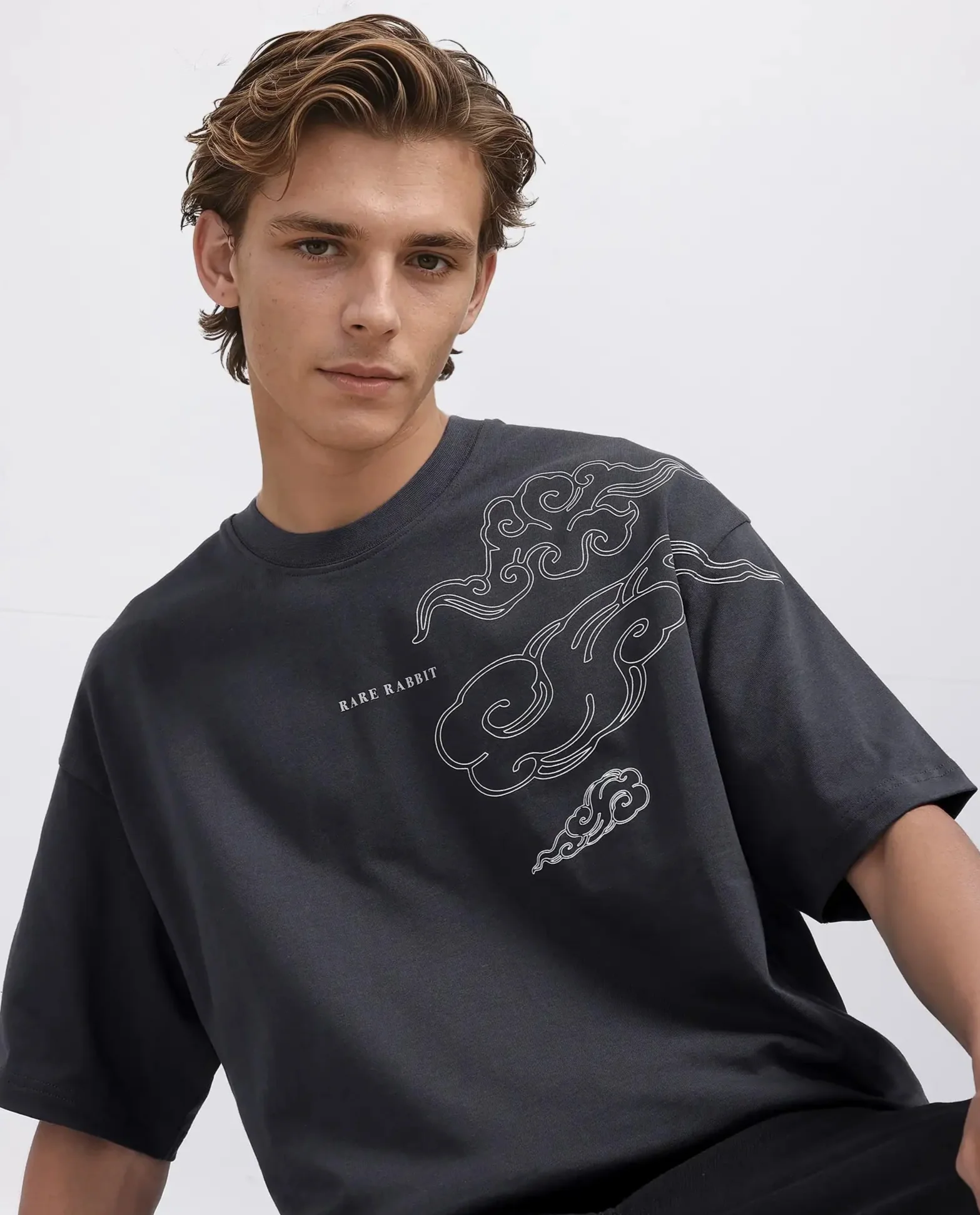 Rare Rabbit Men's Zig Dark Grey Cotton Blend Graphic Print Oversized Fit Half Sleeve Crew Neck T-Shirt