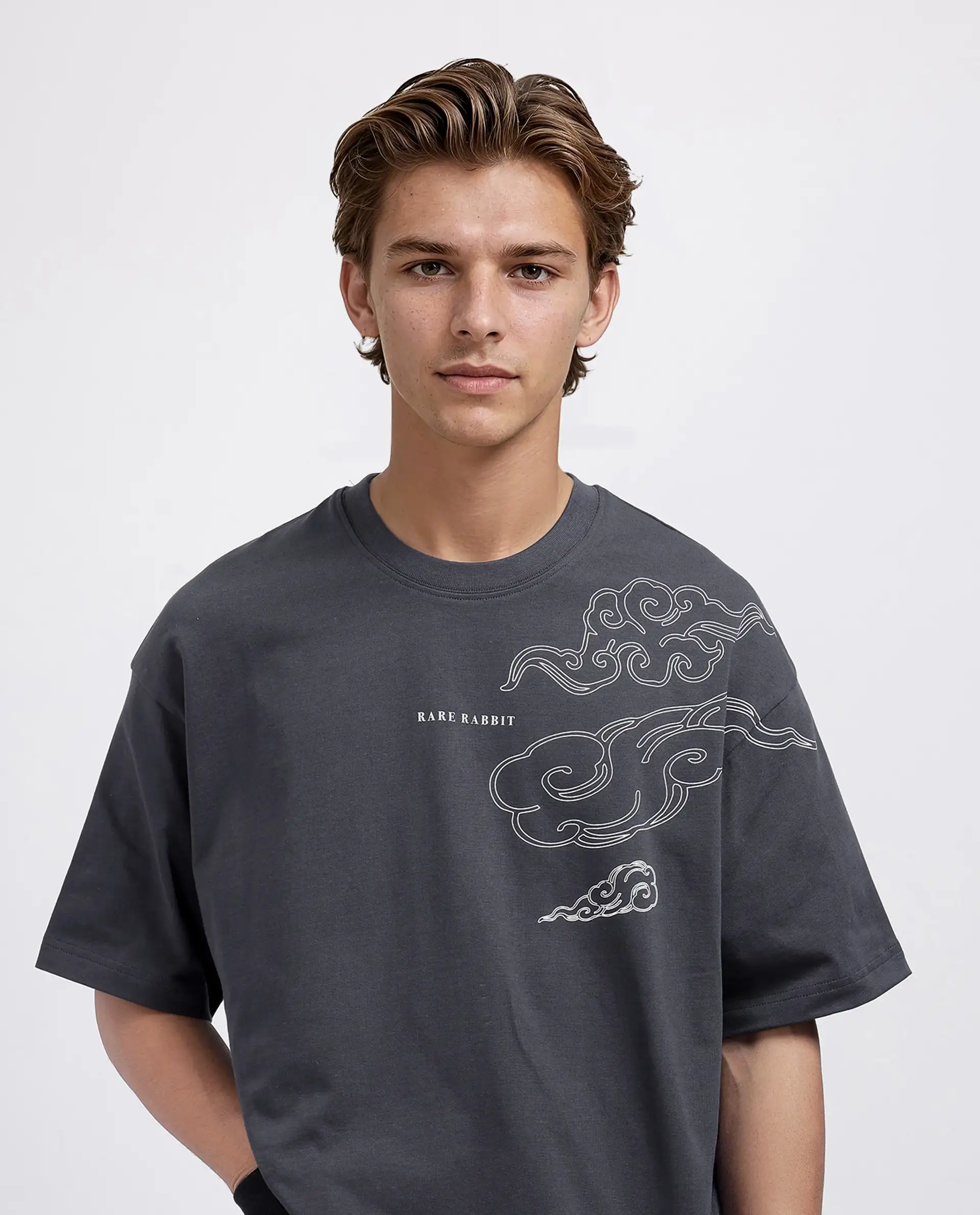 Rare Rabbit Men's Zig Dark Grey Cotton Blend Graphic Print Oversized Fit Half Sleeve Crew Neck T-Shirt - Image 2
