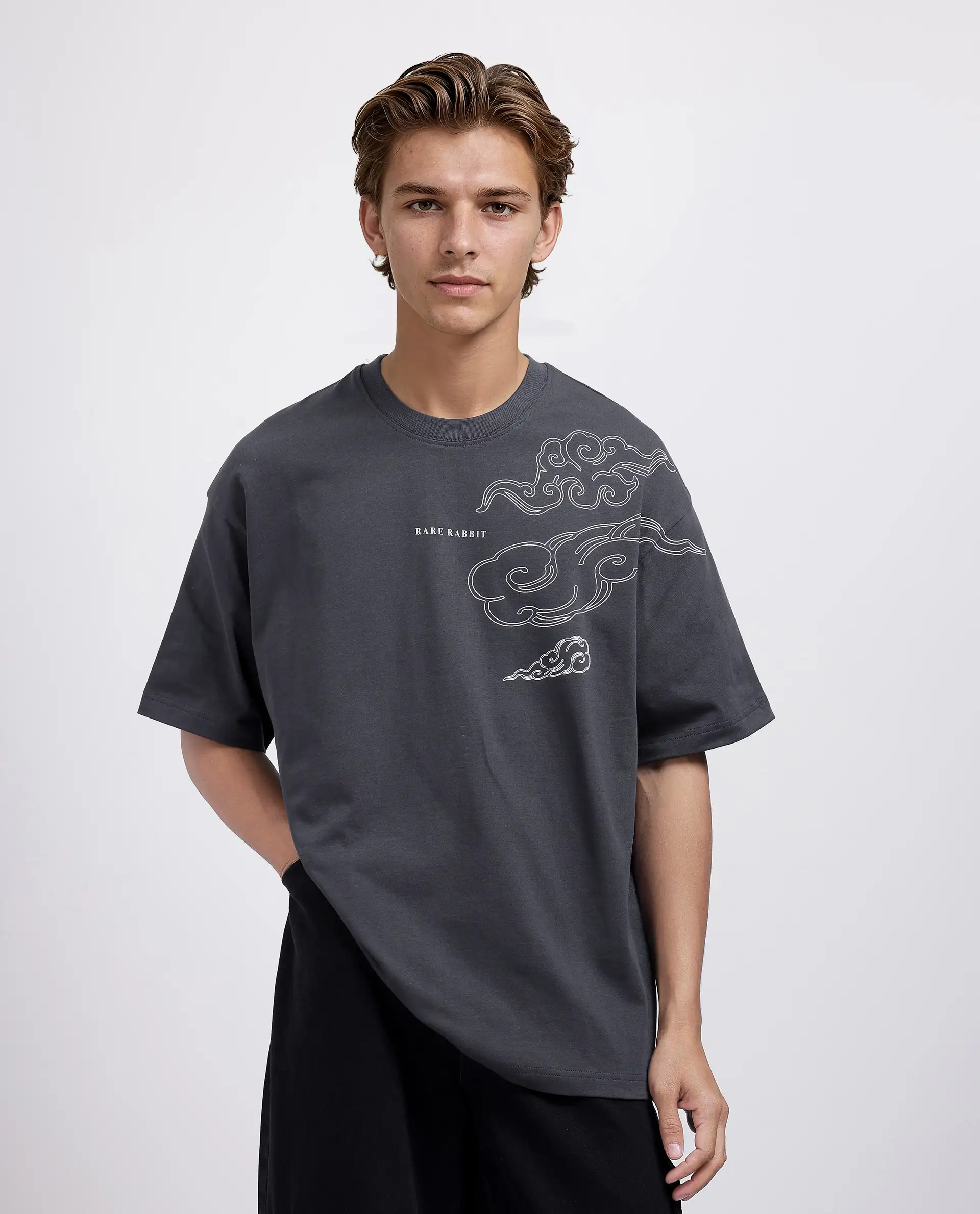 Rare Rabbit Men's Zig Dark Grey Cotton Blend Graphic Print Oversized Fit Half Sleeve Crew Neck T-Shirt - Image 3