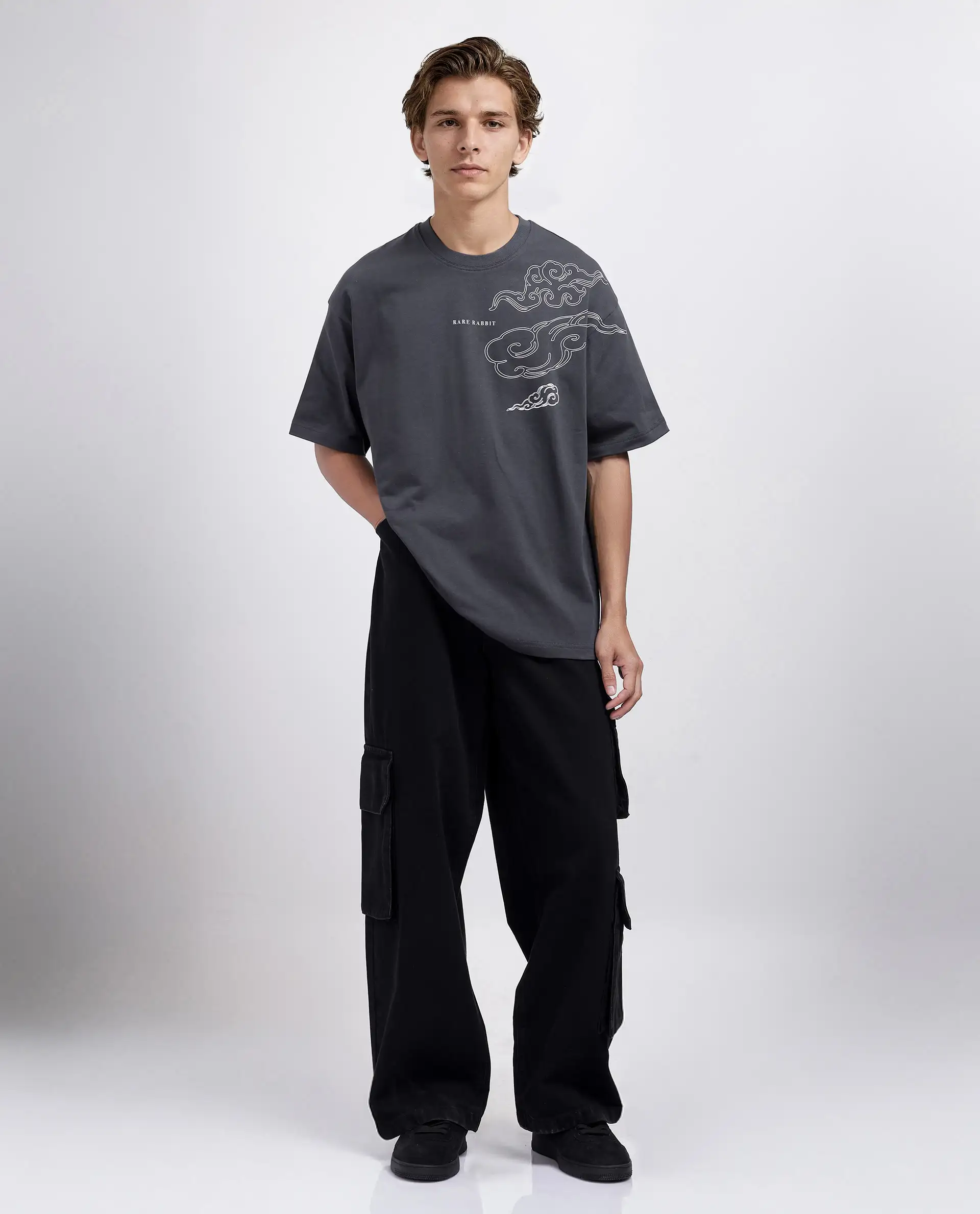 Rare Rabbit Men's Zig Dark Grey Cotton Blend Graphic Print Oversized Fit Half Sleeve Crew Neck T-Shirt - Image 4