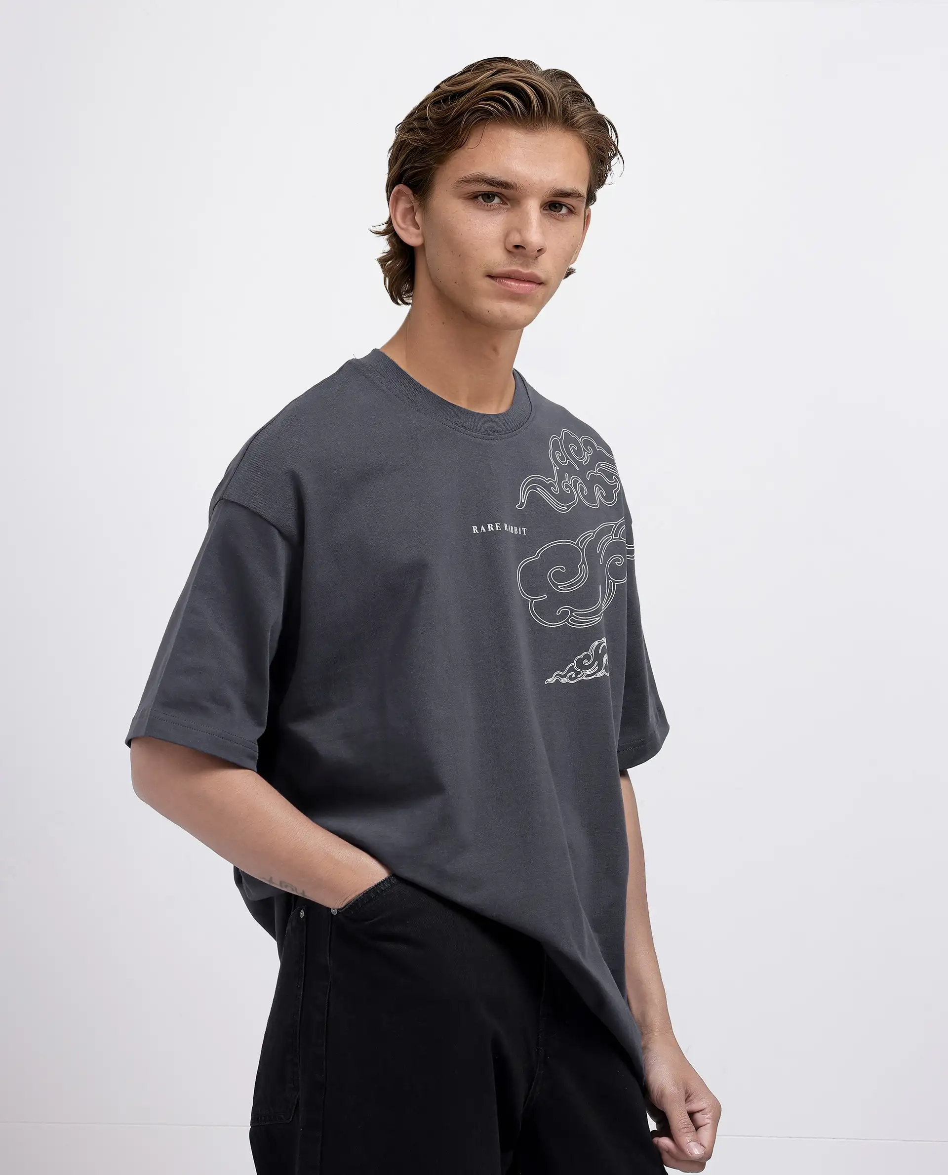 Rare Rabbit Men's Zig Dark Grey Cotton Blend Graphic Print Oversized Fit Half Sleeve Crew Neck T-Shirt - Image 5