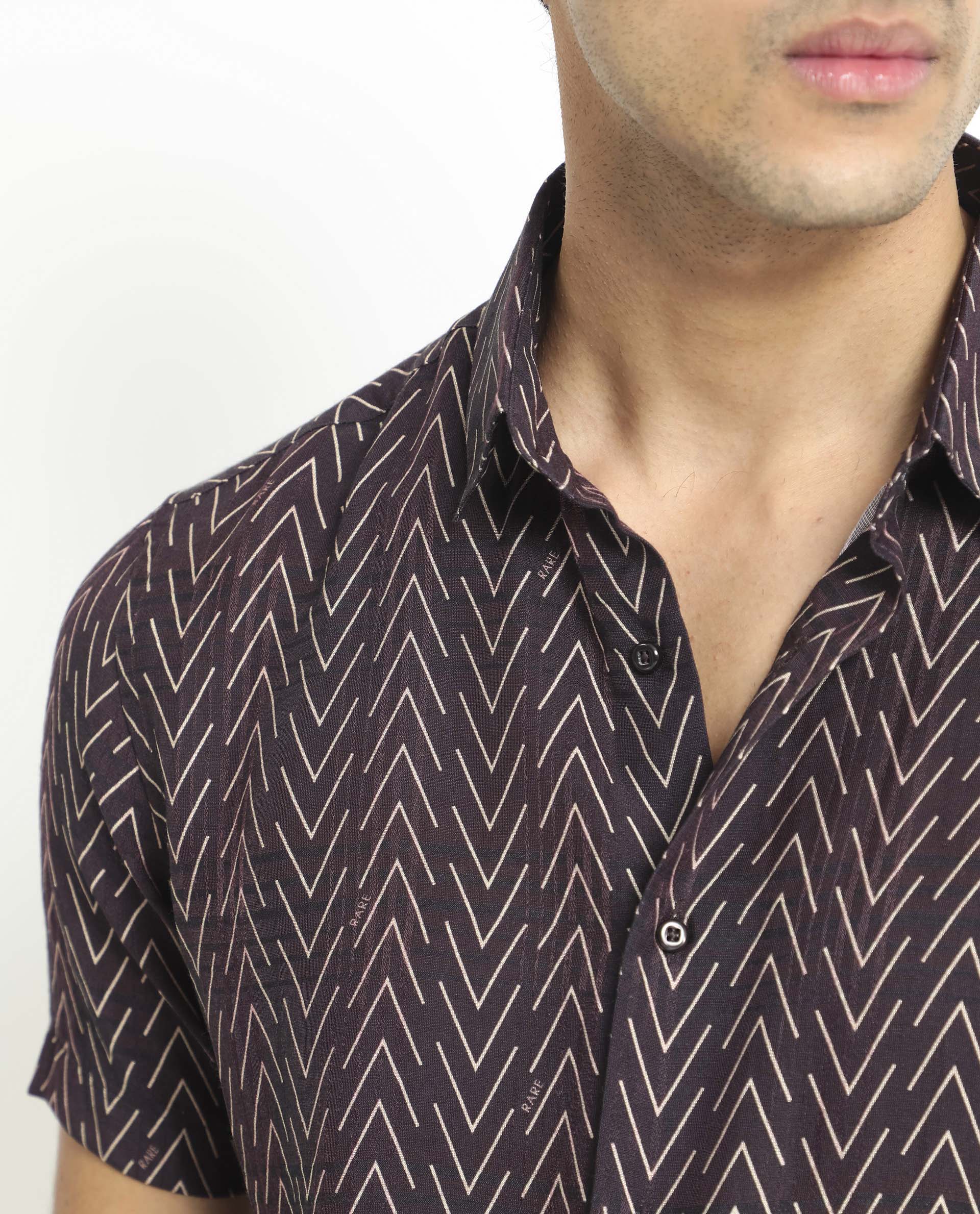 Rare Rabbit Men's Zig Zag Brown Viscose Geometric Print Regular Fit Half Sleeve Spread Collar Shirt - Image 2