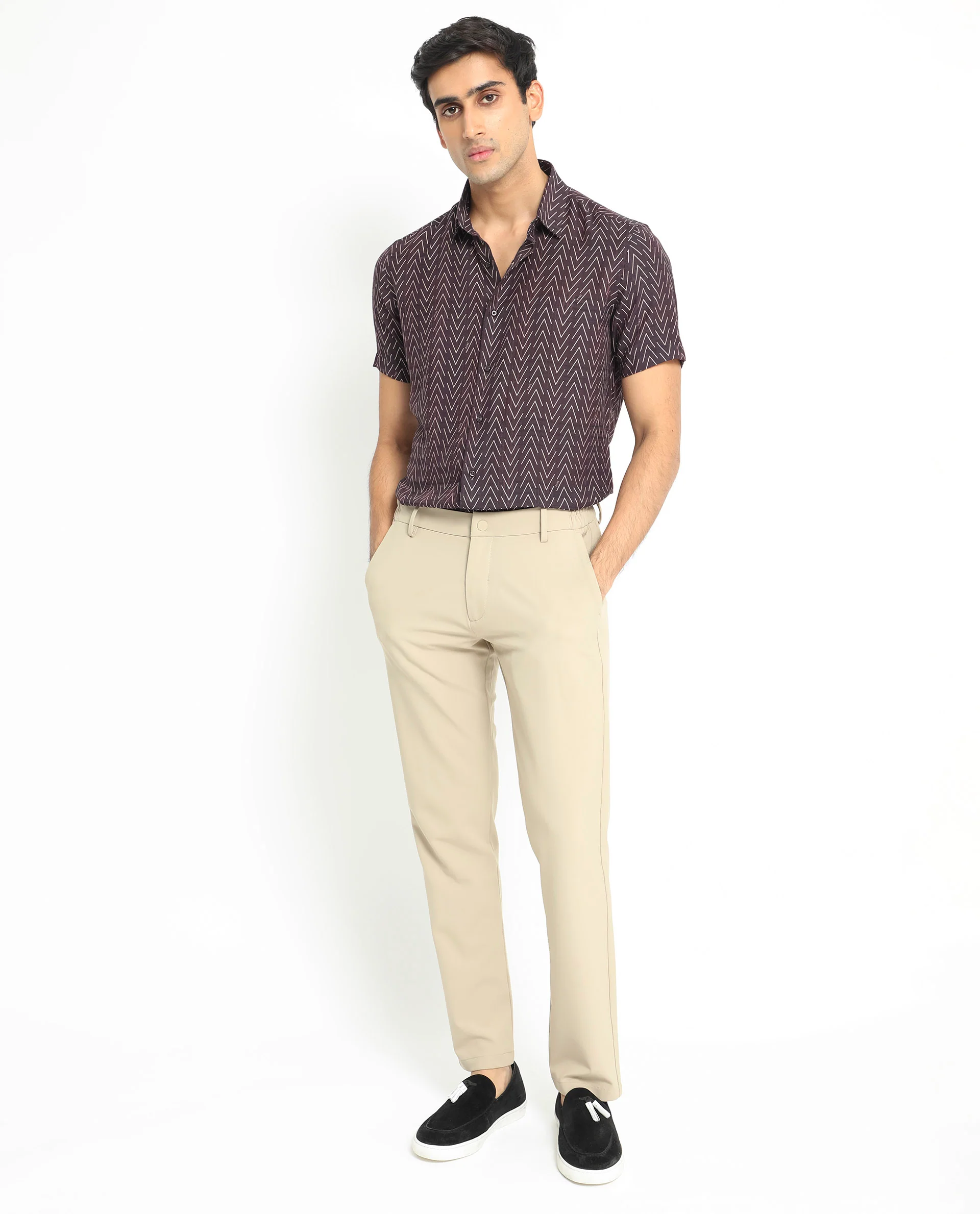 Rare Rabbit Men's Zig Zag Brown Viscose Geometric Print Regular Fit Half Sleeve Spread Collar Shirt - Image 3