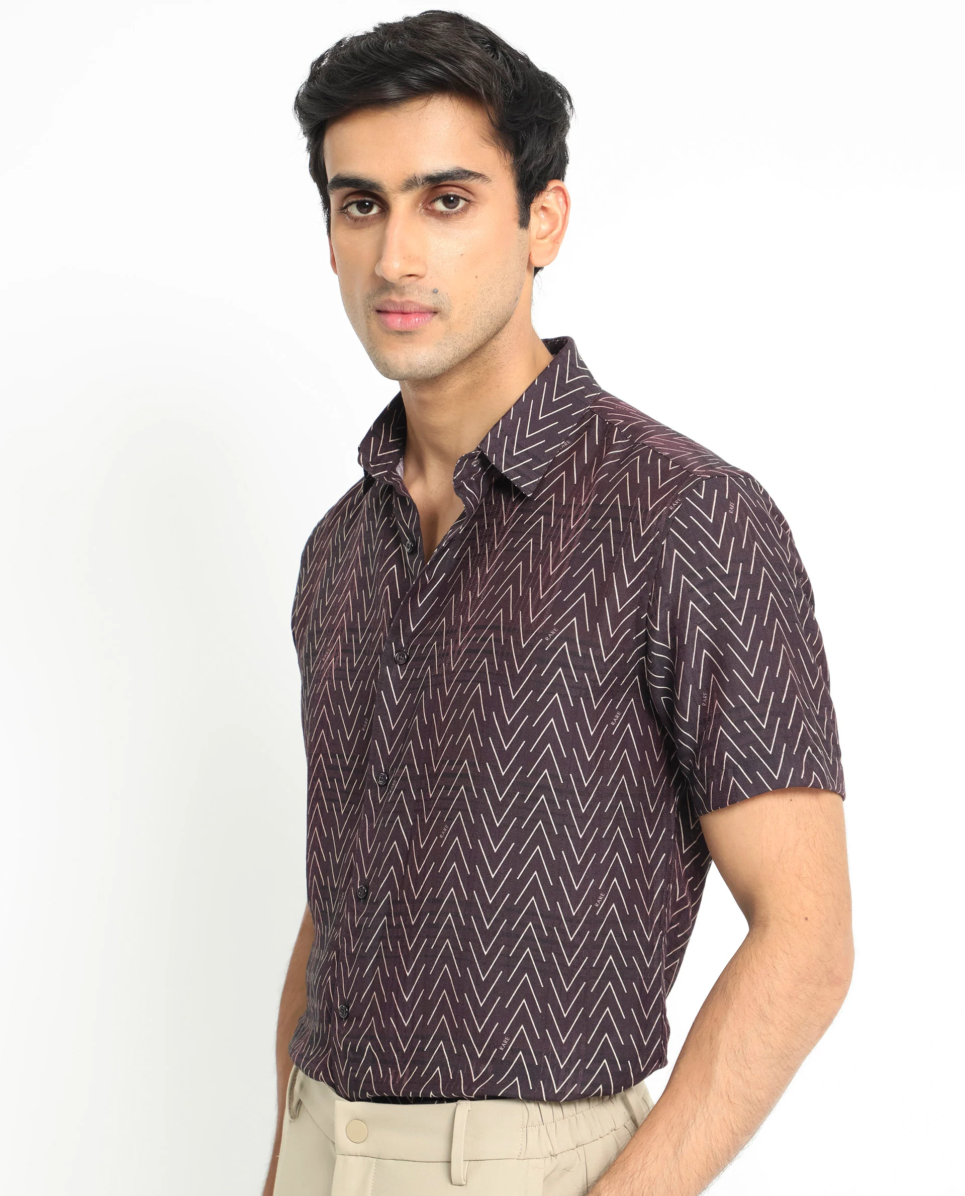 Rare Rabbit Men's Zig Zag Brown Viscose Geometric Print Regular Fit Half Sleeve Spread Collar Shirt - Image 4