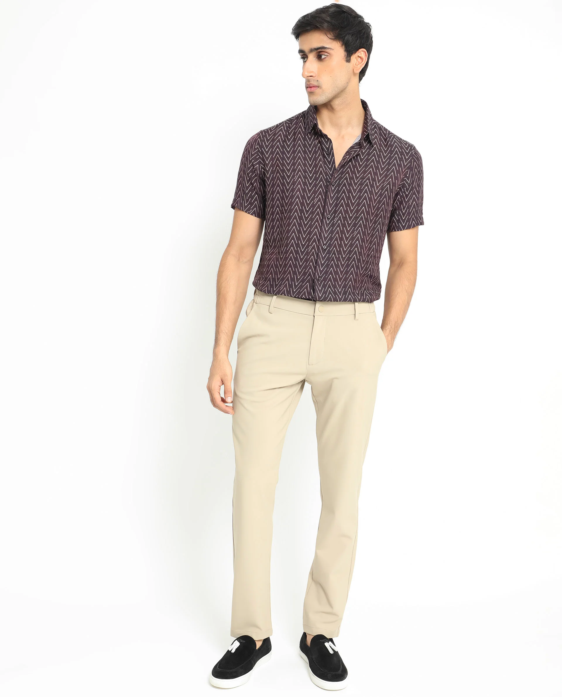 Rare Rabbit Men's Zig Zag Brown Viscose Geometric Print Regular Fit Half Sleeve Spread Collar Shirt - Image 5