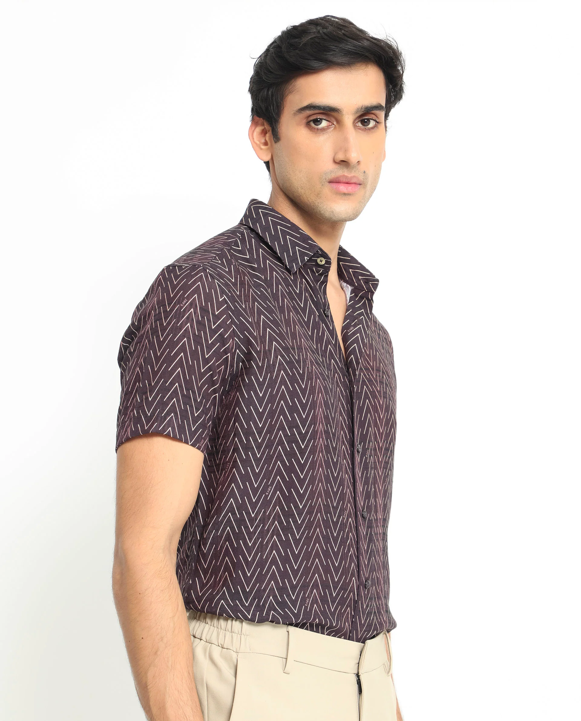 Rare Rabbit Men's Zig Zag Brown Viscose Geometric Print Regular Fit Half Sleeve Spread Collar Shirt - Image 7