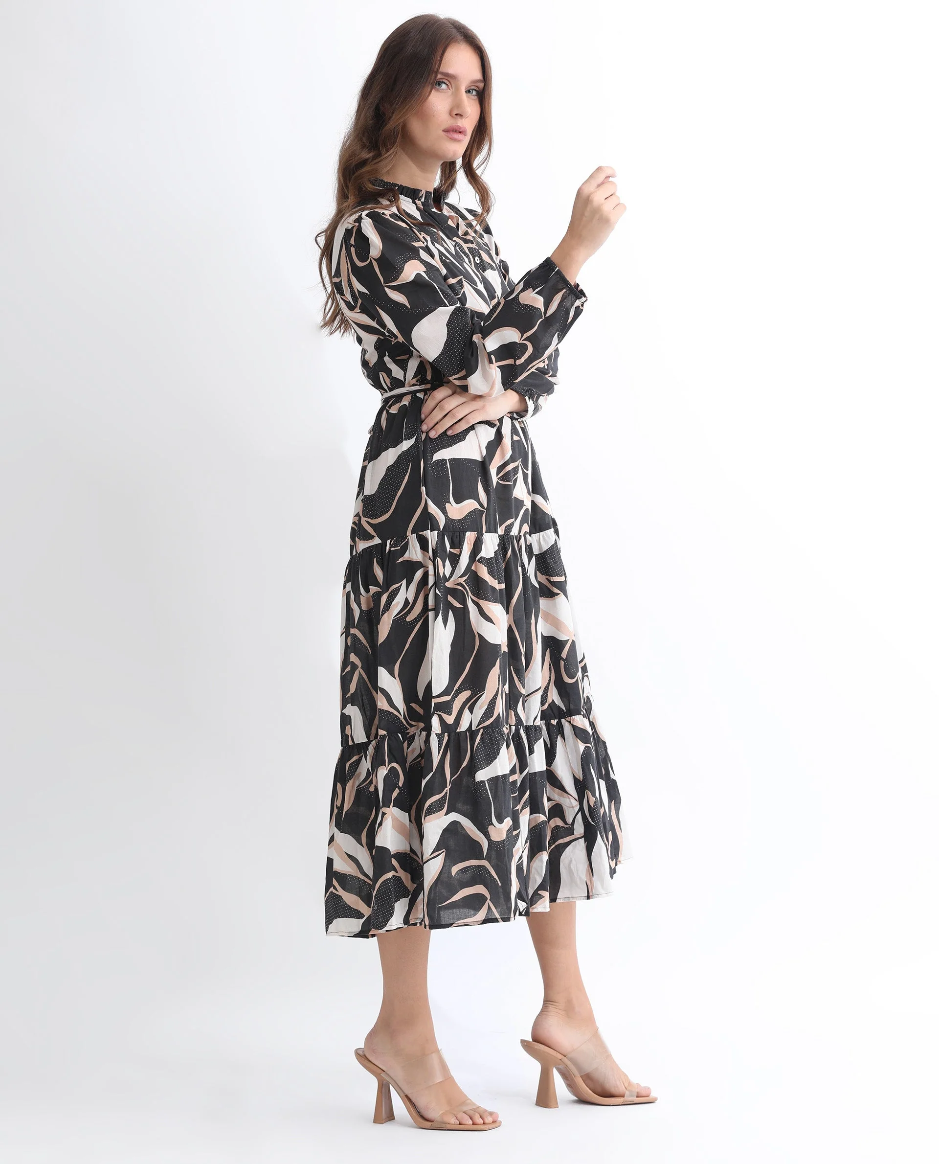 Rareism Women's Zigzora Black Cotton Sweetheart Neck Abstract Print Knee Length Regular Fit Dress - Image 12