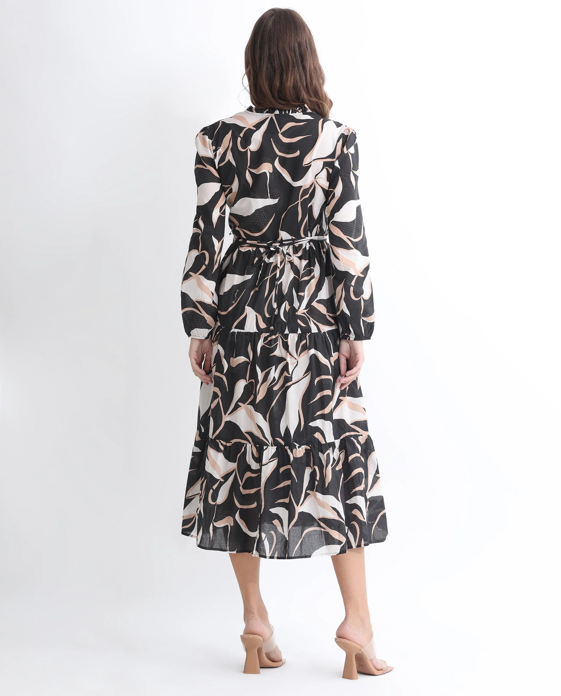 Rareism Women's Zigzora Black Cotton Sweetheart Neck Abstract Print Knee Length Regular Fit Dress - Image 13